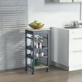 Homcom - Mobile Kitchen Cart, Rolling Kitchen Island with Storage, Solid Wood Frame Cart with Wire Fruit Basket, Trays and Drawer - Gray