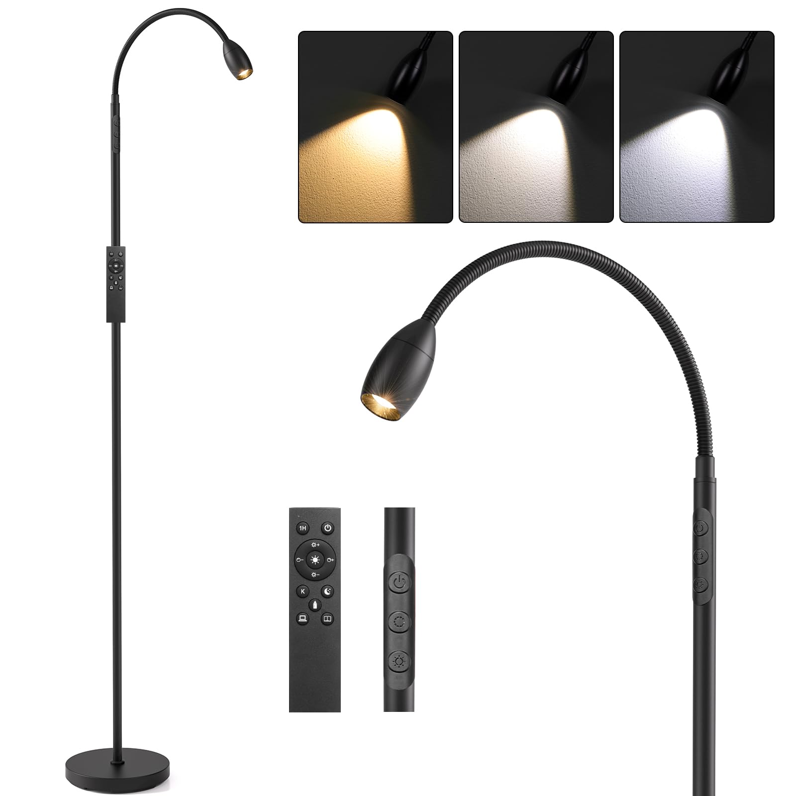 Front. MAGICAL RUBS - Reading Floor Lamp 72" Tall Led With Flexible Gooseneck Dimmable Zoomable Spotlight Adjustable Color Beam Standing To... - Matte Black.
