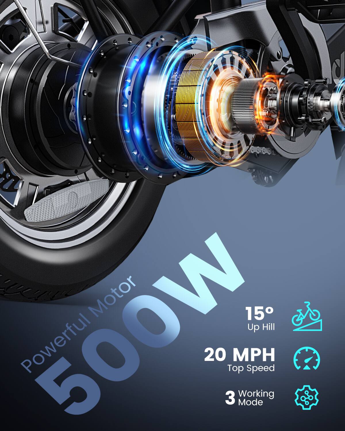 Powerful Motor 500W  
15° Up Hill  
20 MPH Top Speed  
3 Working Mode