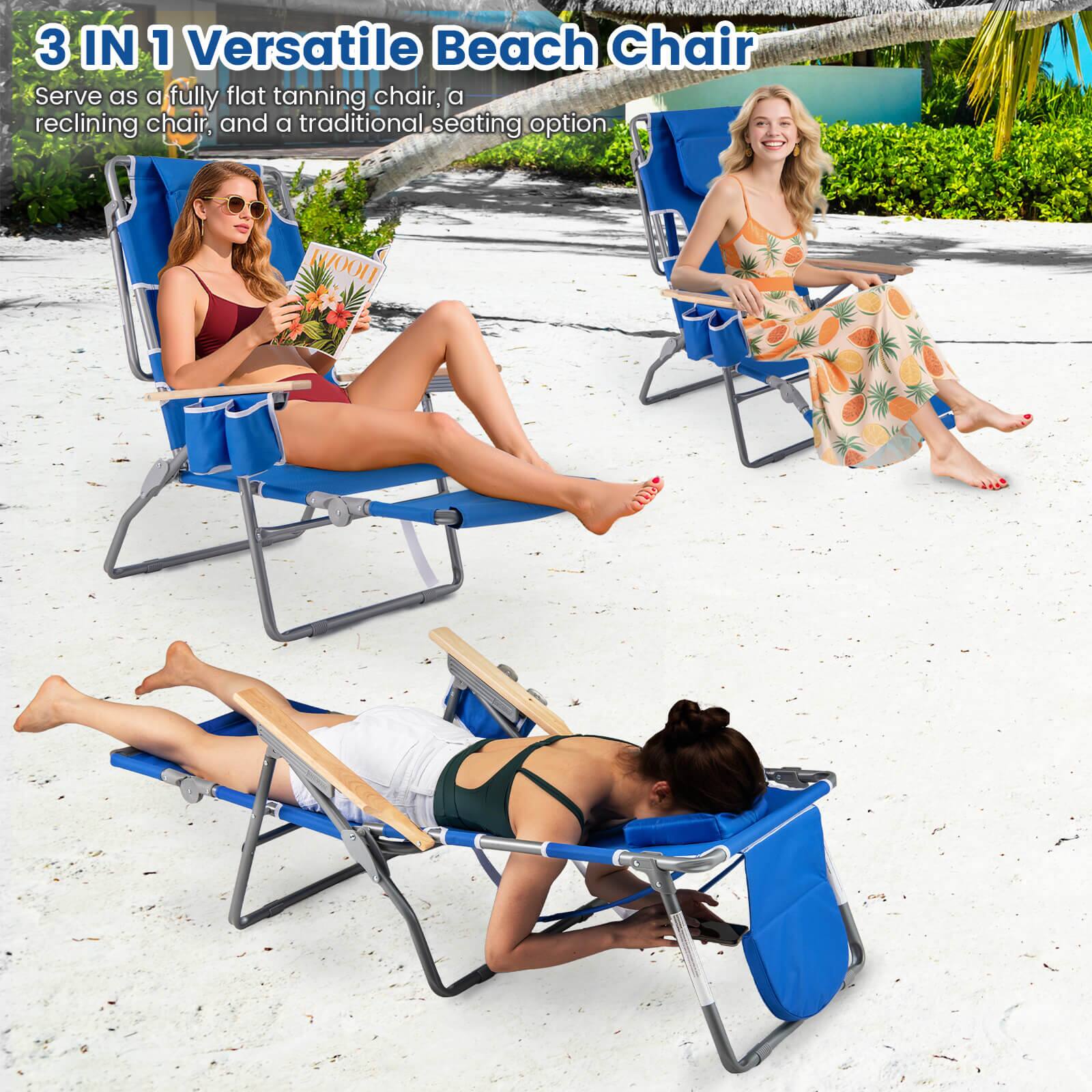 3 IN 1 Versatile Beach Chair

Serve as a fully flat tanning chair, a reclining chair, and a traditional seating option.