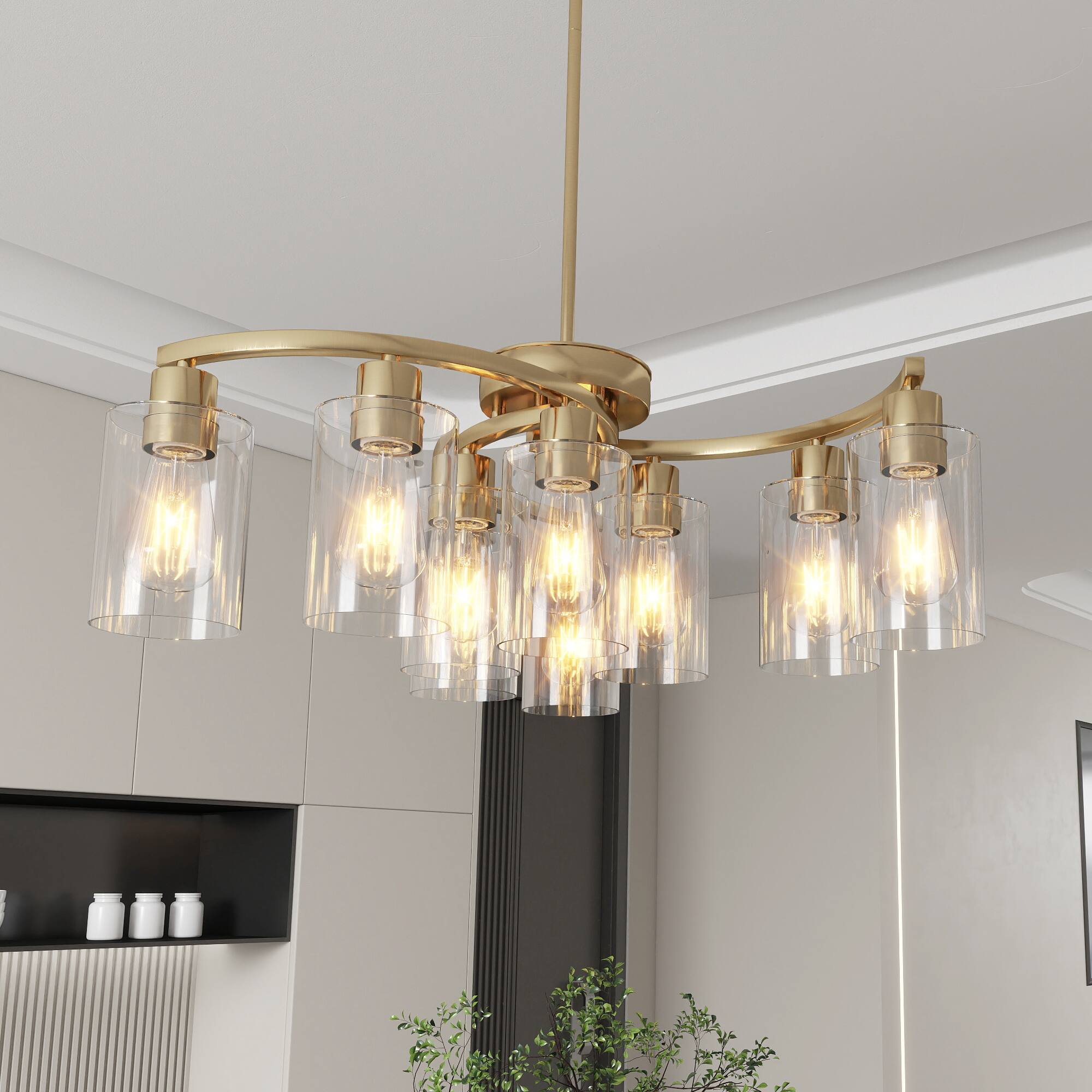 Back. APRILSOUL - 9-Light Gold Glass Chandelier Adjustable Height Dining Room Light Fixtures Over Table Contemporary Hanging Chandelier.