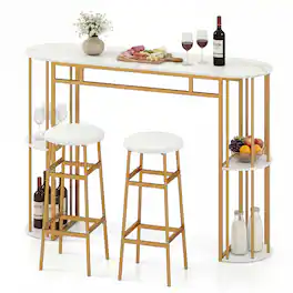 Gymax - 3 Pieces 60'' Bar Table Set for 2 w/ Faux Marble Tabletop & Storage Shelves - Golden