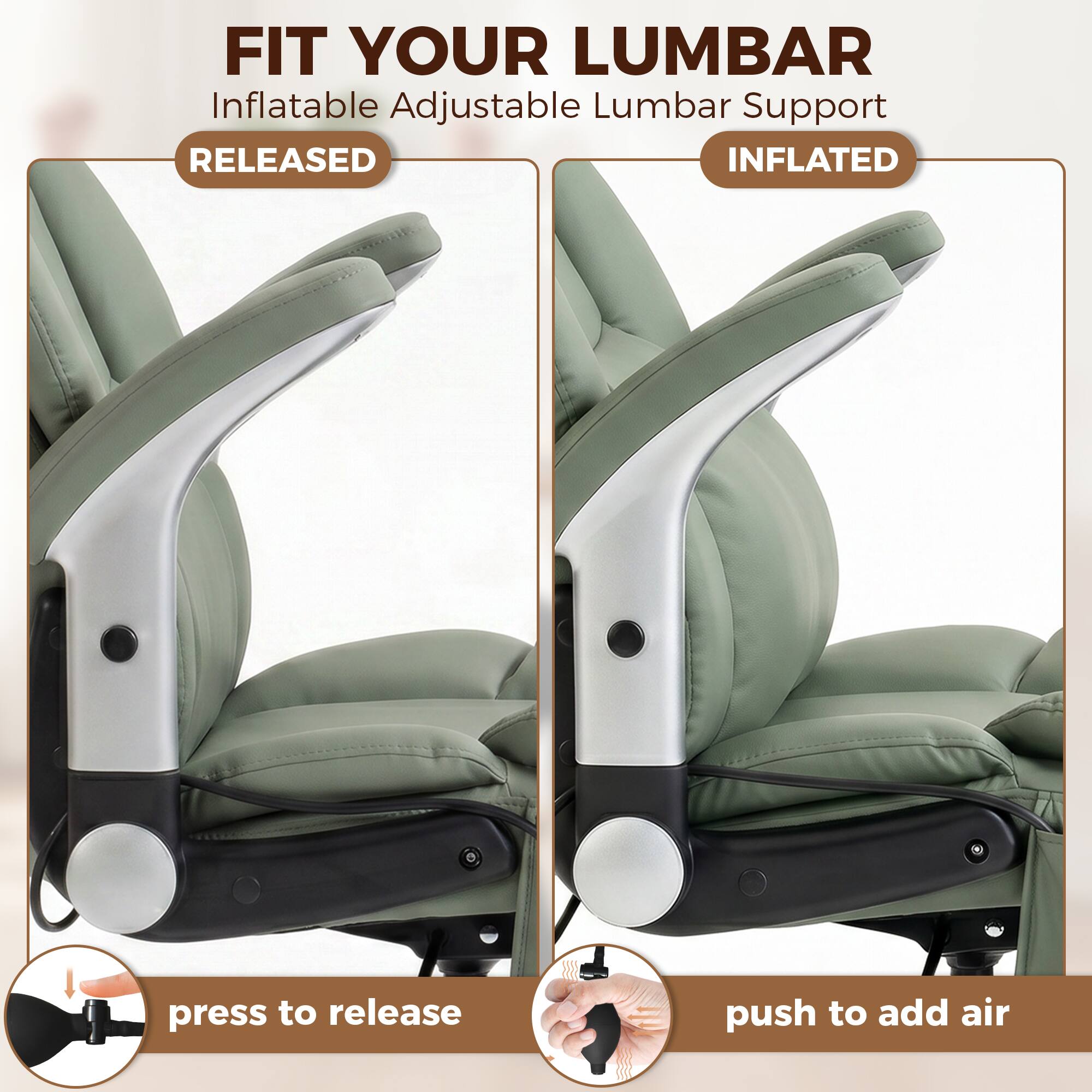 FIT YOUR LUMBAR  
Inflatable Adjustable Lumbar Support  

RELEASED  
INFLATED  

press to release  
push to add air