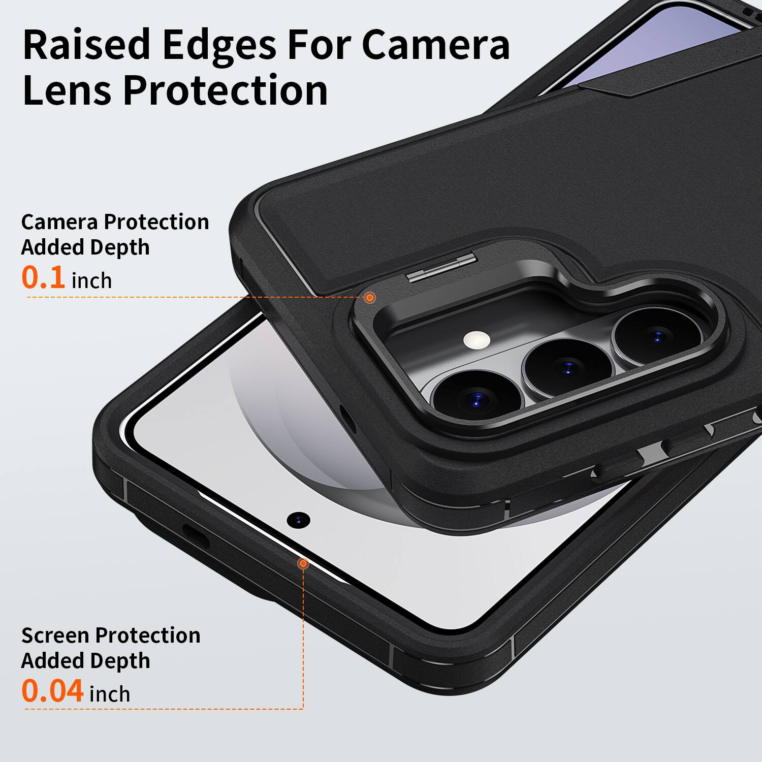 Raised Edges For Camera Lens Protection

Camera Protection Added Depth 0.1 inch

Screen Protection Added Depth 0.04 inch