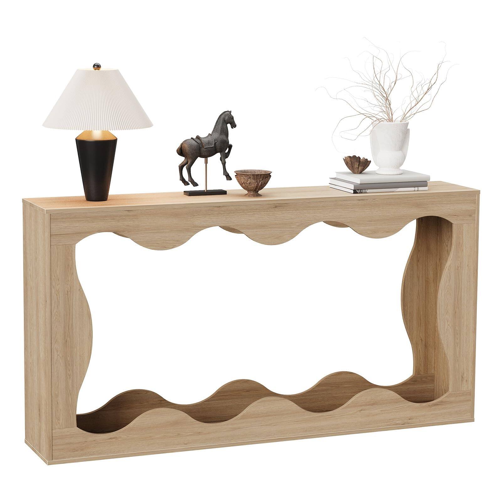 Alt View 4. Qeetex - 63" Farmhouse Console Table for Entryway, Behind Sofa, Hallway, Living Room, Scalloped Design - Natural.