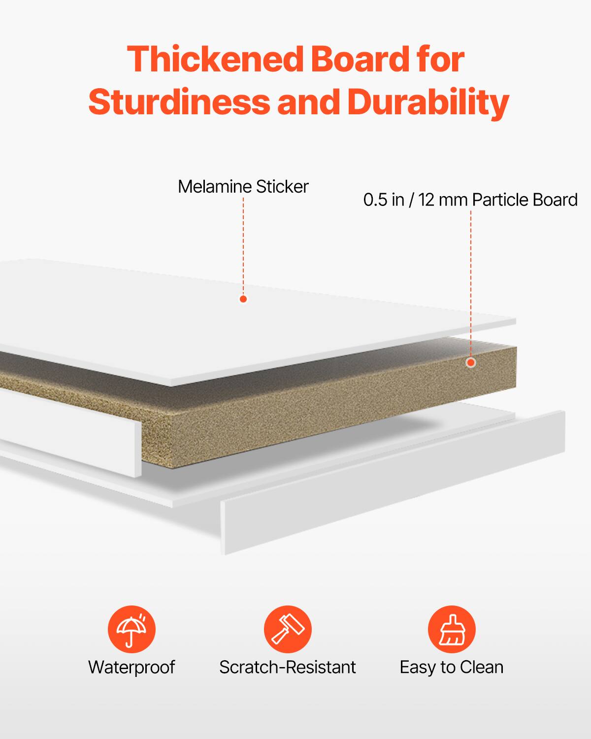 Thickened Board for Sturdiness and Durability

Melamine Sticker

0.5 in / 12 mm Particle Board

Waterproof

Scratch-Resistant

Easy to Clean