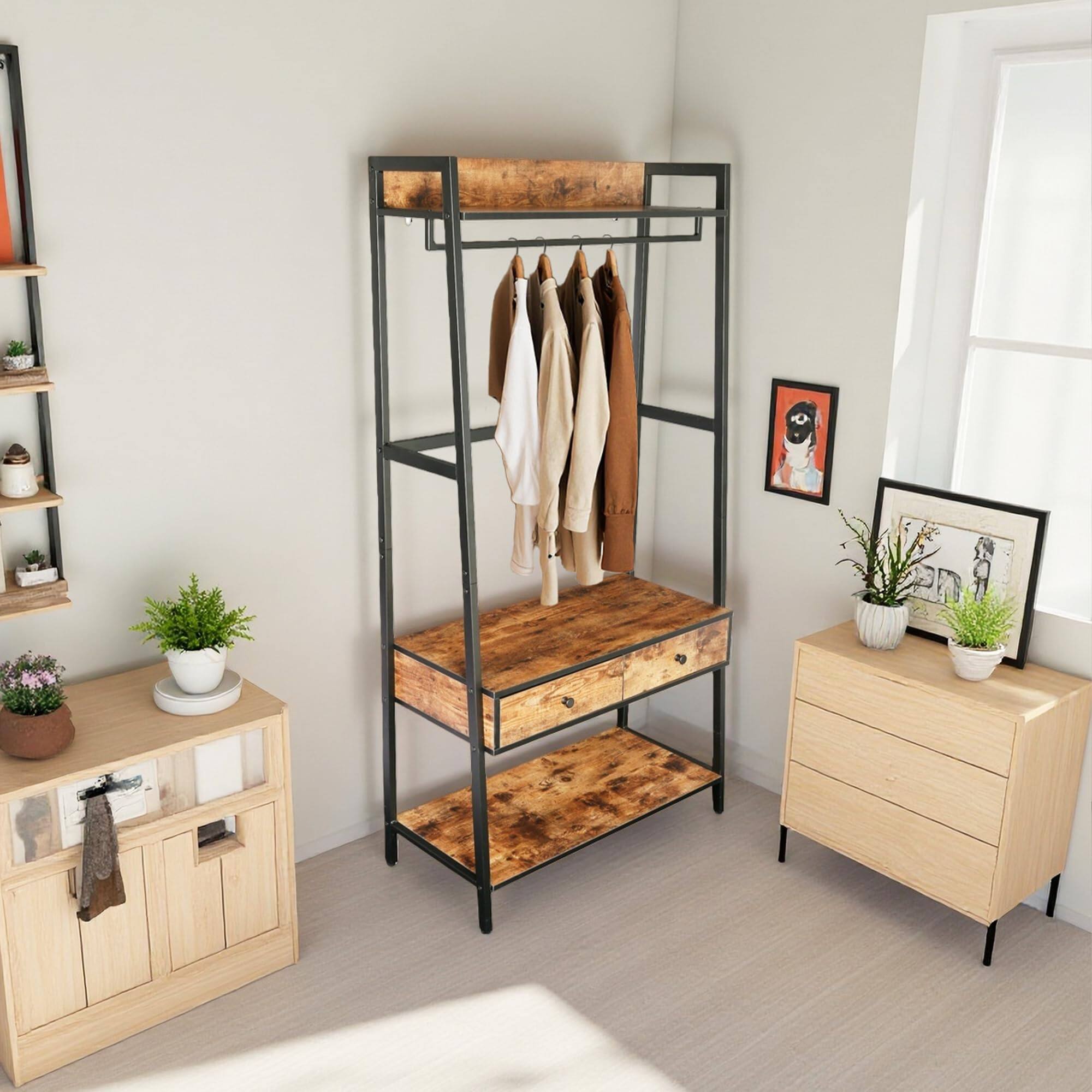 Angle. JJS - Industrial Rustic Hall Tree Shoe Bench With Storage Drawers And Shelf - Rustic Brown.
