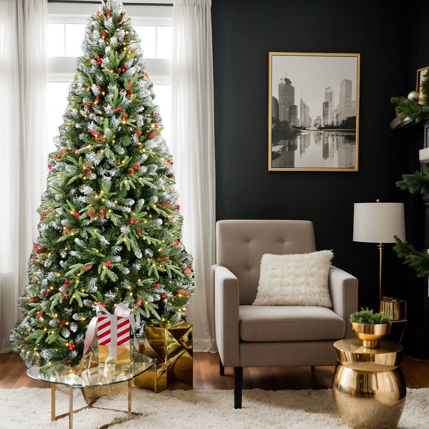 Resenkos - Artificial 6ft LED-lit Christmas Tree with 1593PE/PVC Mixed Branch Tips,Red fruit and Pine cone - Green