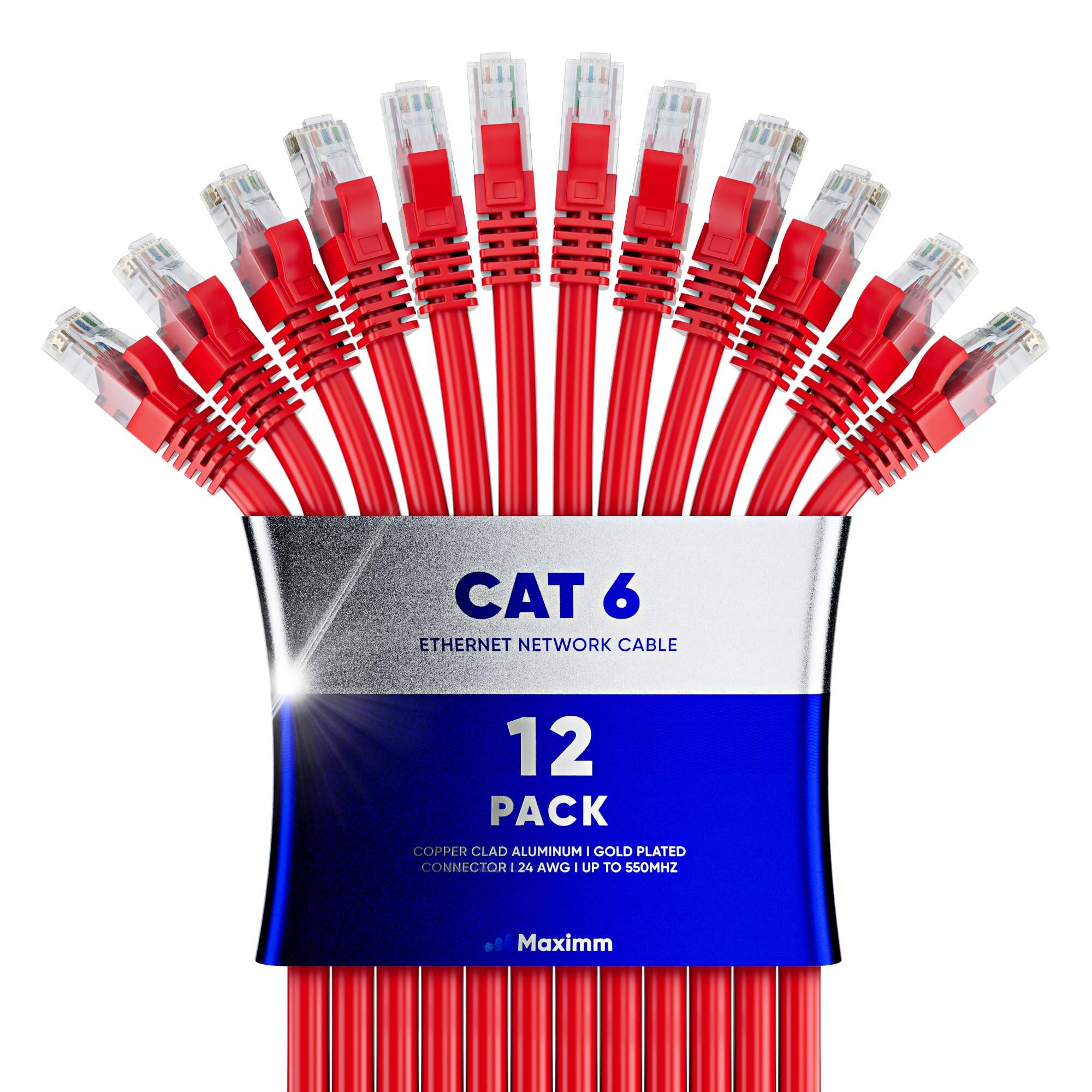 CAT 6 ETHERNET NETWORK CABLE 12 PACK COPPER CLAD ALUMINUM GOLD PLATED CONNECTOR 24 AWG UP TO 550MHZ