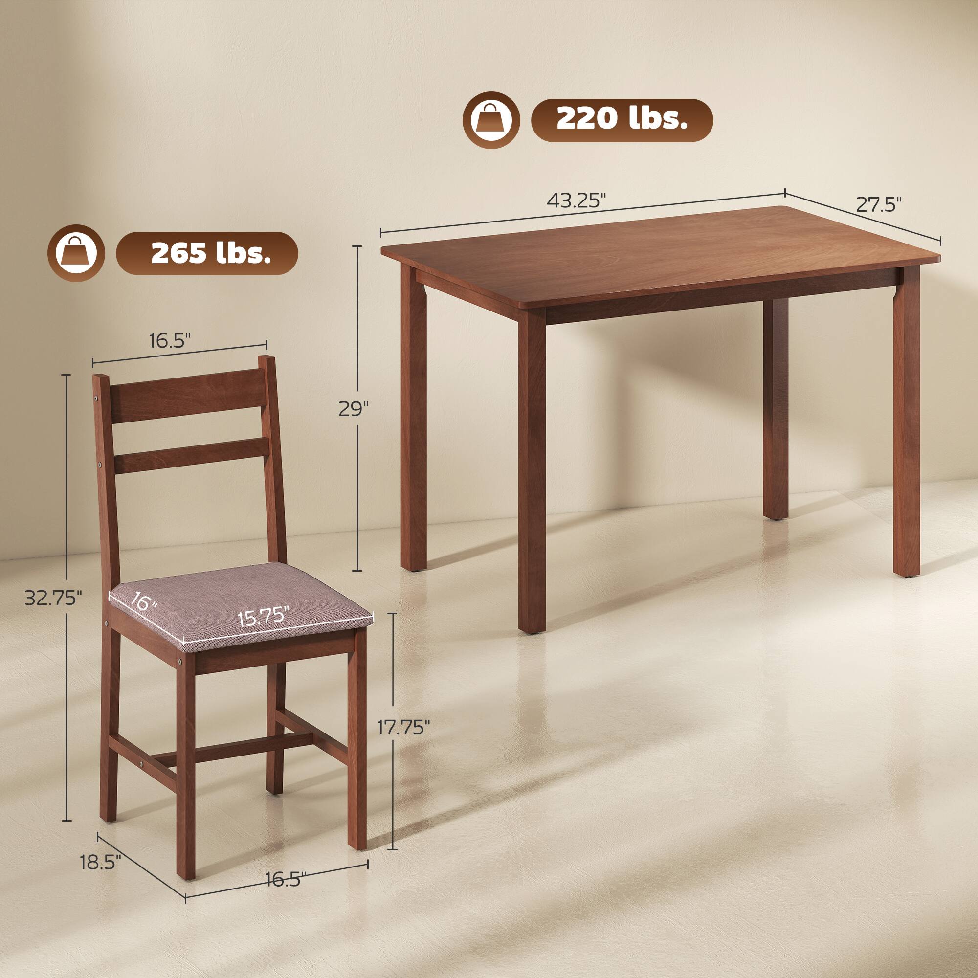 220 lbs.  
43.25" x 27.5"  
265 lbs.  
16.5" x 29"  
32.75" x 16" x 15.75" x 17.75" x 18.5" x 16.5"