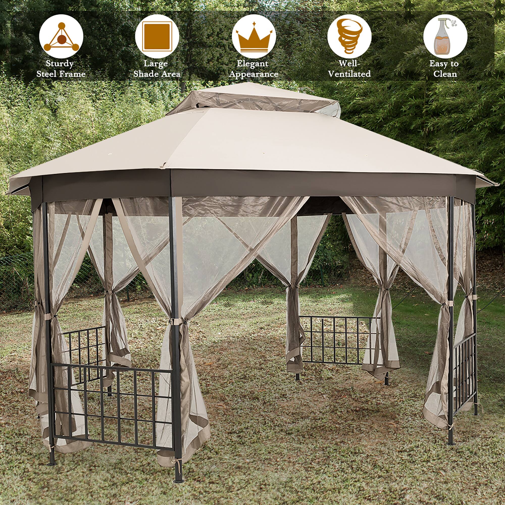 - Sturdy Steel Frame
- Large Shade Area
- Elegant Appearance
- Well-Ventilated
- Easy to Clean