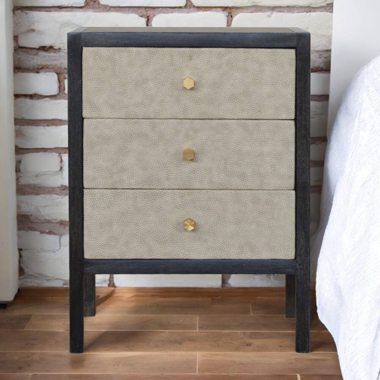 Alt View 7. Artisan Furniture - Artisan Furniture Solid Wood Faux Leather Nightstand, 3 Drawers, Grey and Black - Ash Black.