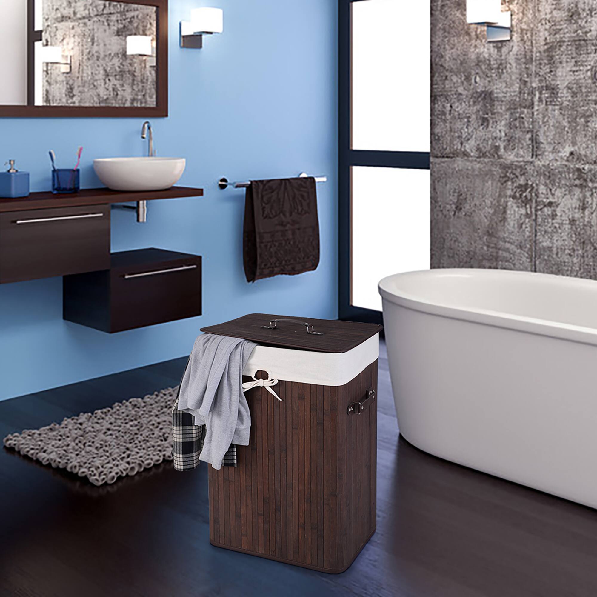 Alt View 11. Costway - Rectangle Bamboo Hamper Laundry Basket Washing Cloth Bin Lid Brown - Deep Brown/White.