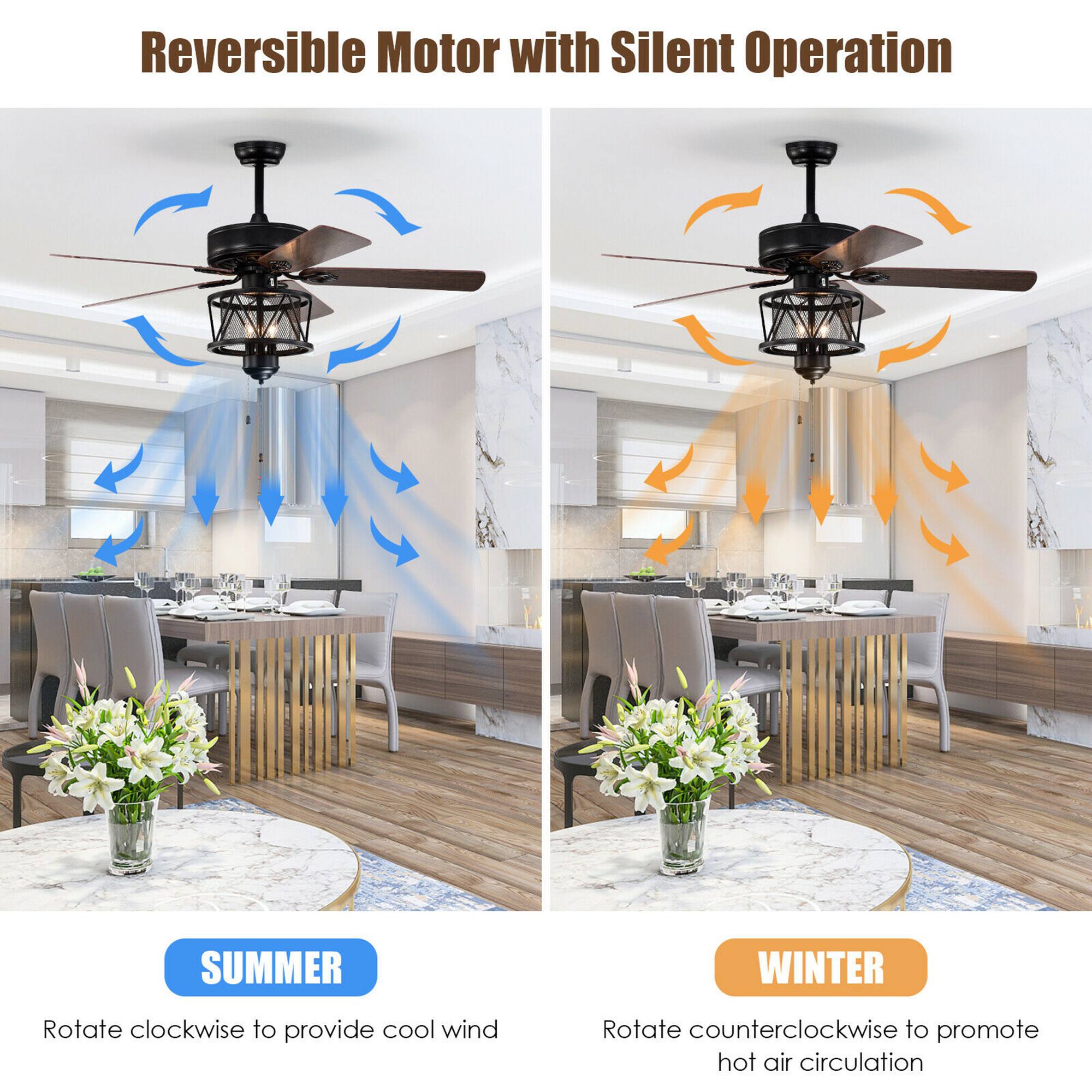 Reversible Motor with Silent Operation:

SUMMER: Rotate clockwise to provide cool wind.
WINTER: Rotate counterclockwise to promote hot air circulation.