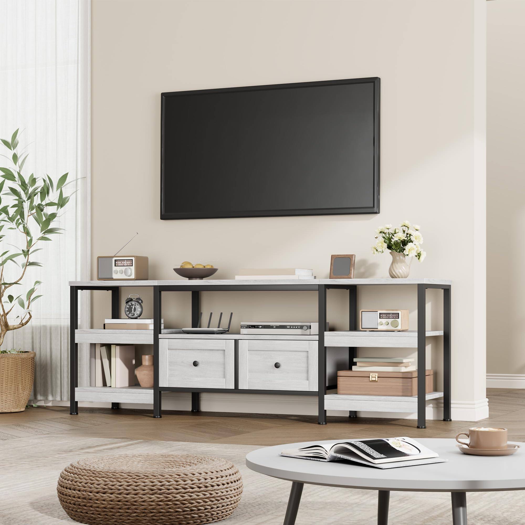 Alt View 2. Qeetex - 79" TV Stand for 85 Inch TVs, Industrial Entertainment Center with 2 Drawers, Open Shelves & Metal Frame - White.