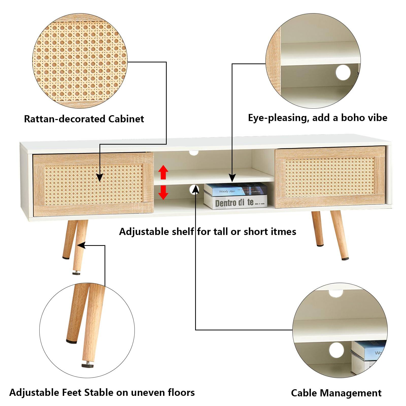 - Rattan-decorated Cabinet
- Eye-pleasing, add a boho vibe
- Adjustable shelf for tall or short items
- Adjustable Feet Stable on uneven floors
- Cable Management
