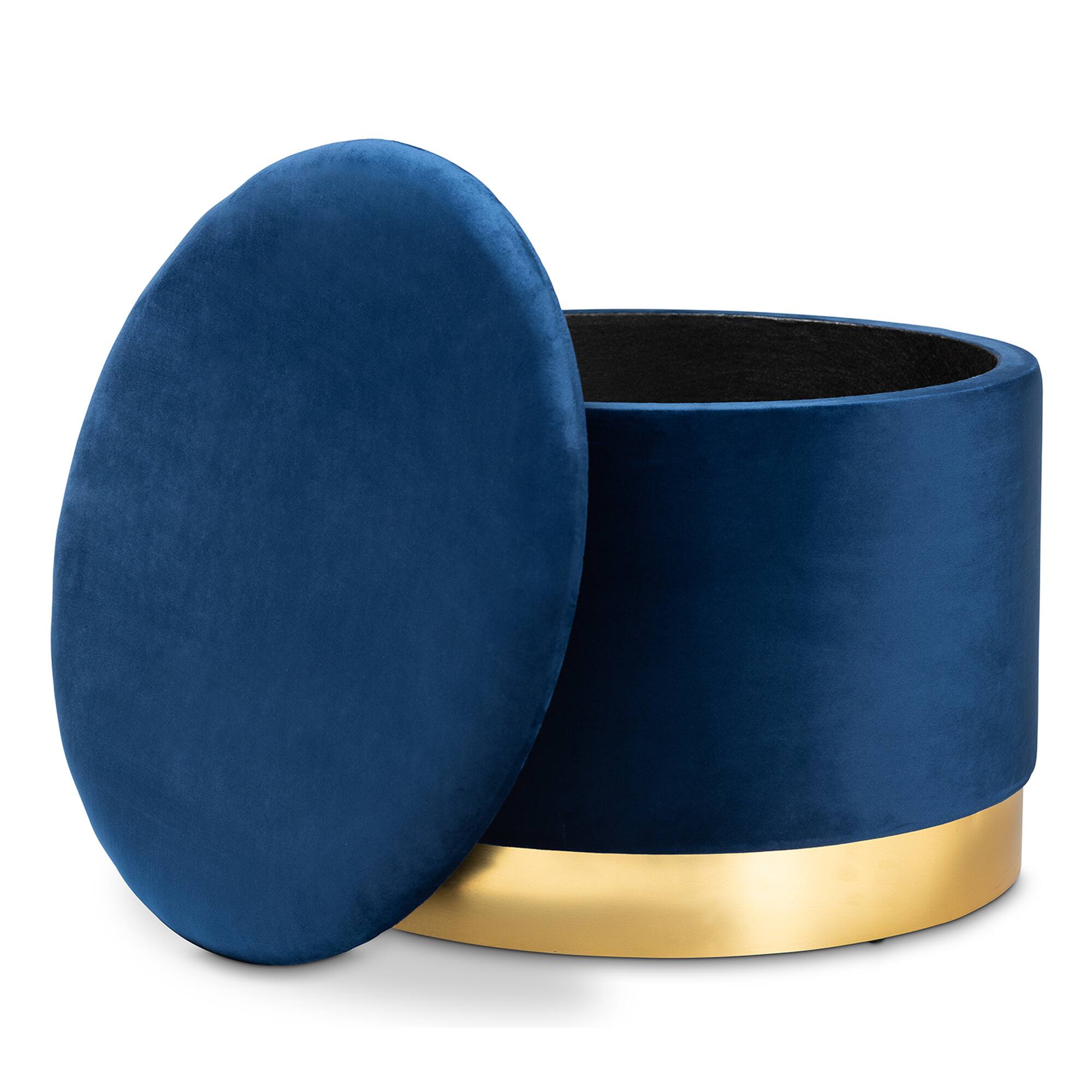 Angle. Baxton Studio - Marisa Glam and Luxe Velvet Fabric Upholstered Gold Finished Storage Ottoman - Navy Blue/Gold.