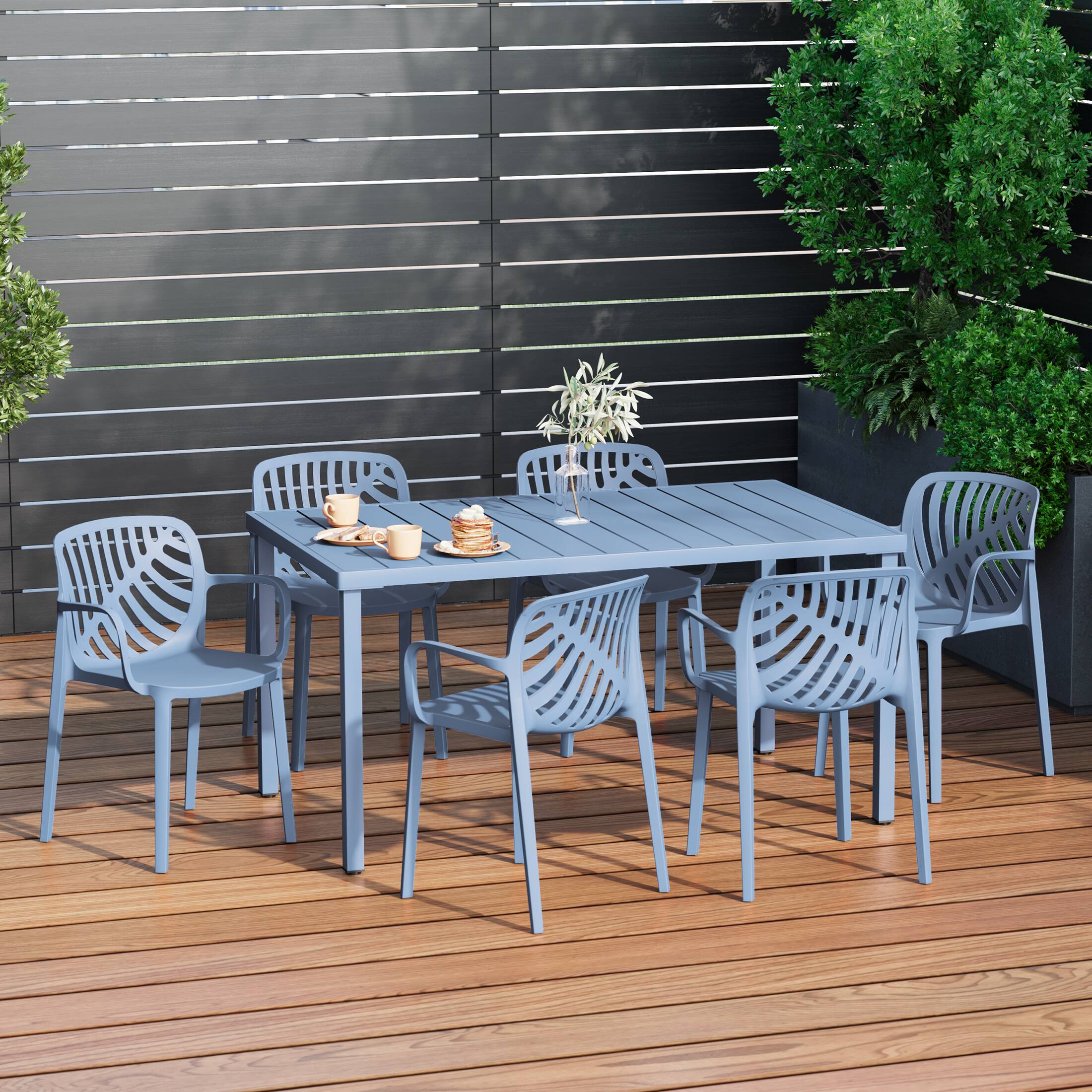 Angle. WestinTrends - WestinTrends Playa 7-Piece Outdoor Metal Rectangle Patio Dining Table Set With Stackable Resin Patio Dining Chairs - French Blue.