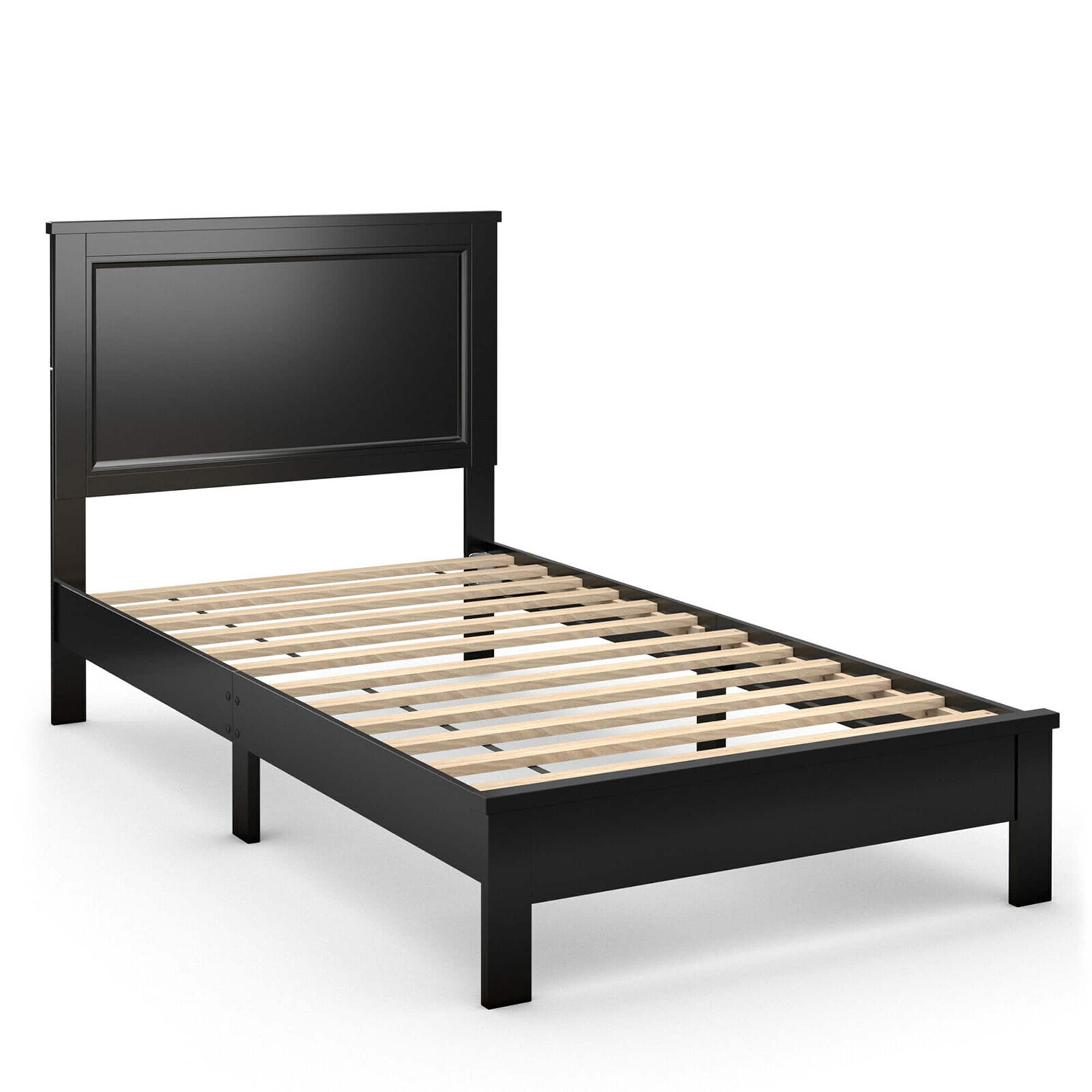 Costway - Twin Size Bed Frame Platform Slat High Headboard Bedroom Rubber Wood Leg - Black