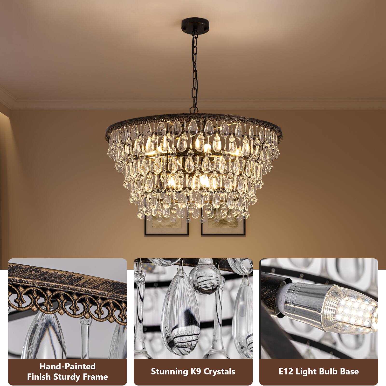 Hand-Painted Finish Sturdy Frame  
Stunning K9 Crystals  
E12 Light Bulb Base