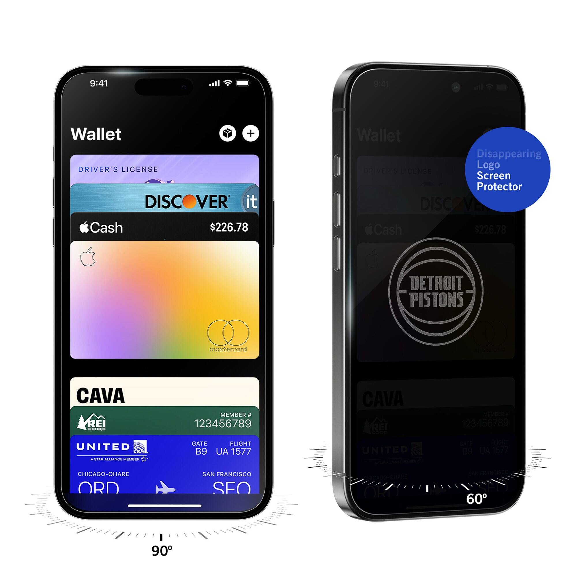 9:41  
all  
Wallet DRIVER'S LICENSE Cash  
+ VER it $226.78  
Wallet Disappearing Logo DRIVER'S LICENSE Screen Protector DISCOVER Cash $226.78  
mastercard  
DETROIT PISTONS  
CAVA REI coop  
MEMBER # 123456789  
CAVA REI  
MEMBER# 123456789  
UNITED ASTAR ALLINNCE MEMBER  
GATE B9  
FLIGHT UA 1577  
UNITED  
GATE FLIGHT B9 AU 1577  
CHICAGO-OHARE ORD  
SAN FRANCISCO SEO  
CHICAGO-OHARE ORD  
SAN FRANCISCO 60  
90