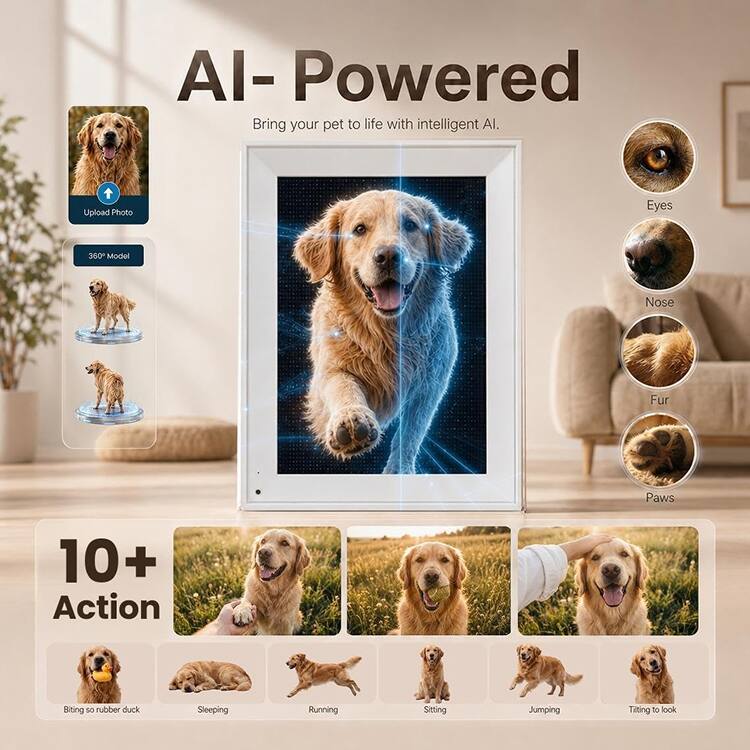 AI-Powered  
Bring your pet to life with intelligent AI.  

Upload Photo  
360° Model  

Eyes  
Nose  
Fur  
Paws  

10+ Action  
Biting so rubber duck  
Sleeping  
Running  
Sitting  
Jumping  
Tilting to look