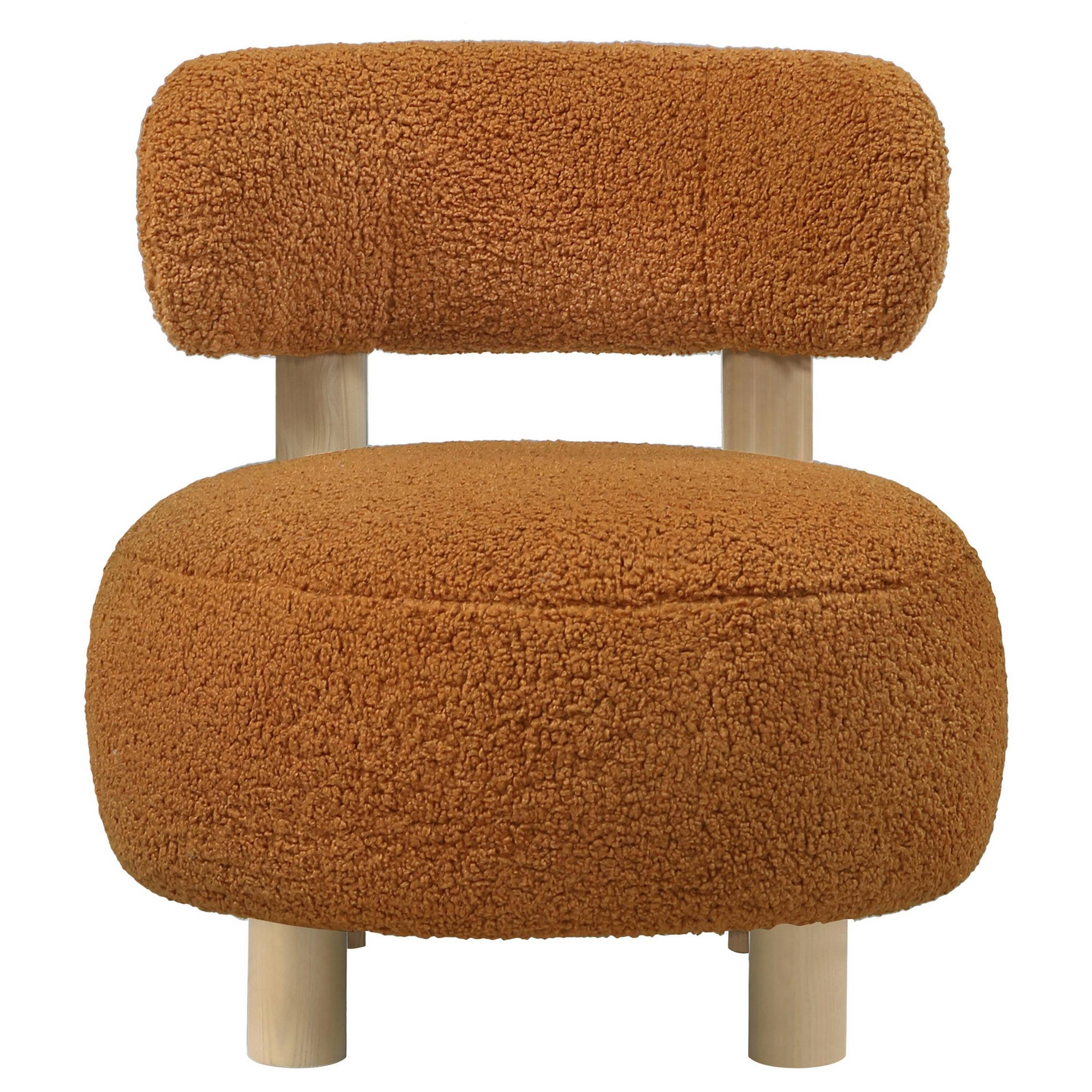 Alt View 1. Manhattan Lane - Zona Accent Chair, Barrel Back, Orange Boucle Fabric and Brown Wood - Orange, Brown.