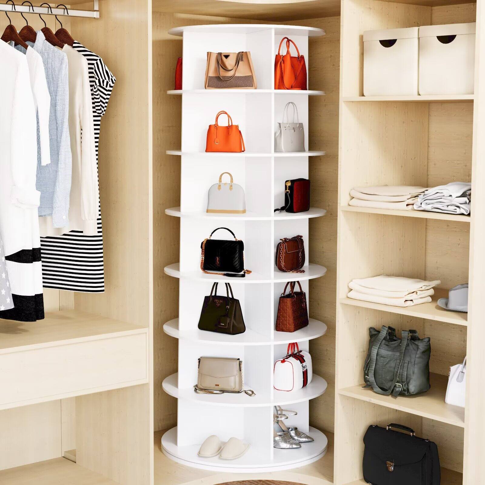 Angle. Tooloton - Revolving 7-Tier Shoe Rack Tower, Spinning 360-Degree Carousel Storage Organizer, White - White.