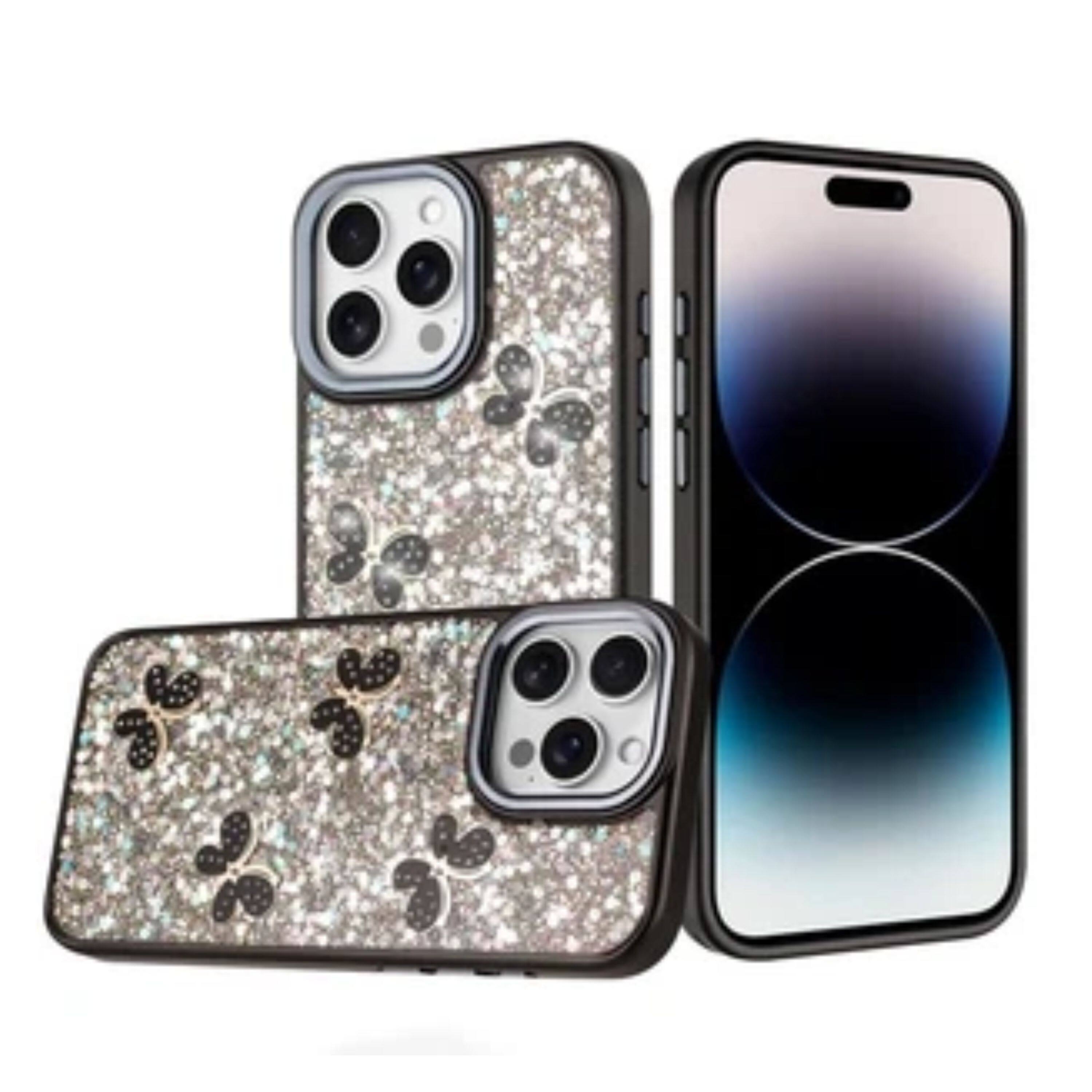 Angle. Kitcheniva - Full Glitter Flakes Butterflies Phone Case For iPhone 14 Pro Max Black - Black.
