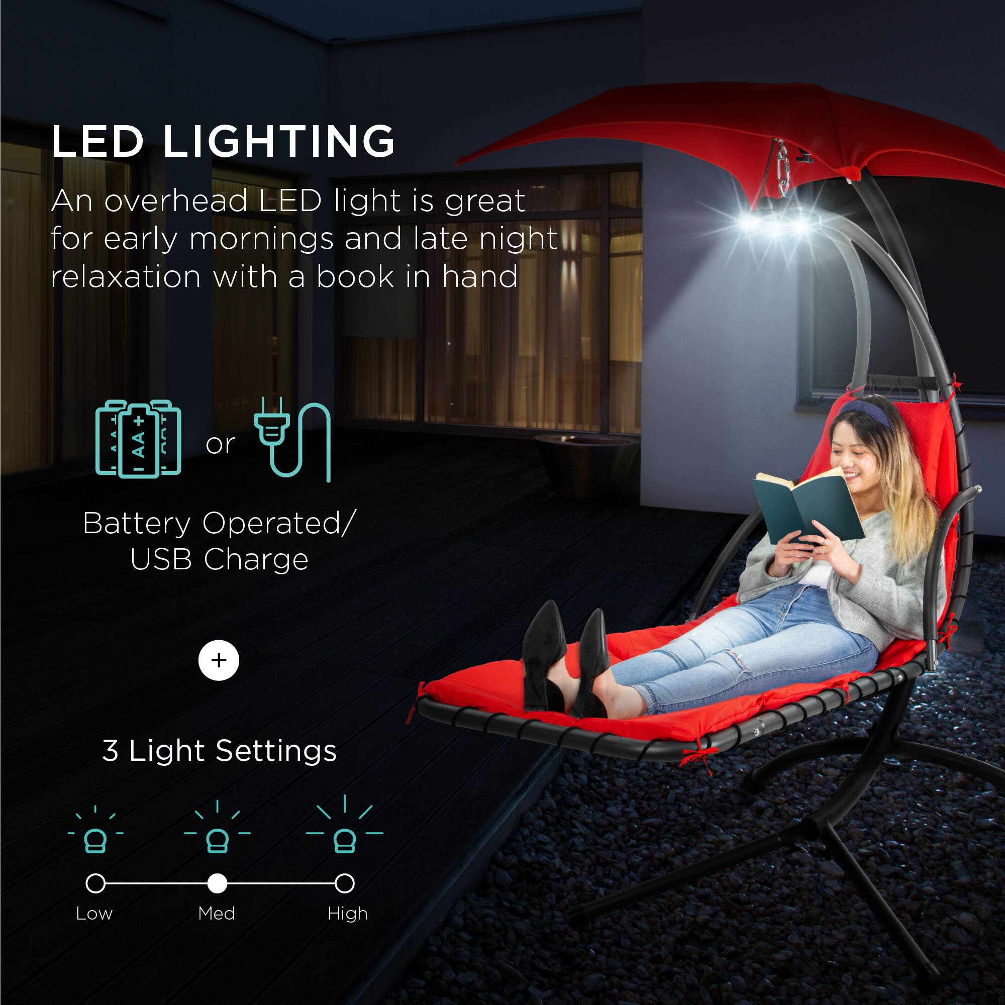 LED LIGHTING

An overhead LED light is great for early mornings and late night relaxation with a book in hand

Battery Operated/ USB Charge

3 Light Settings
Low Med High