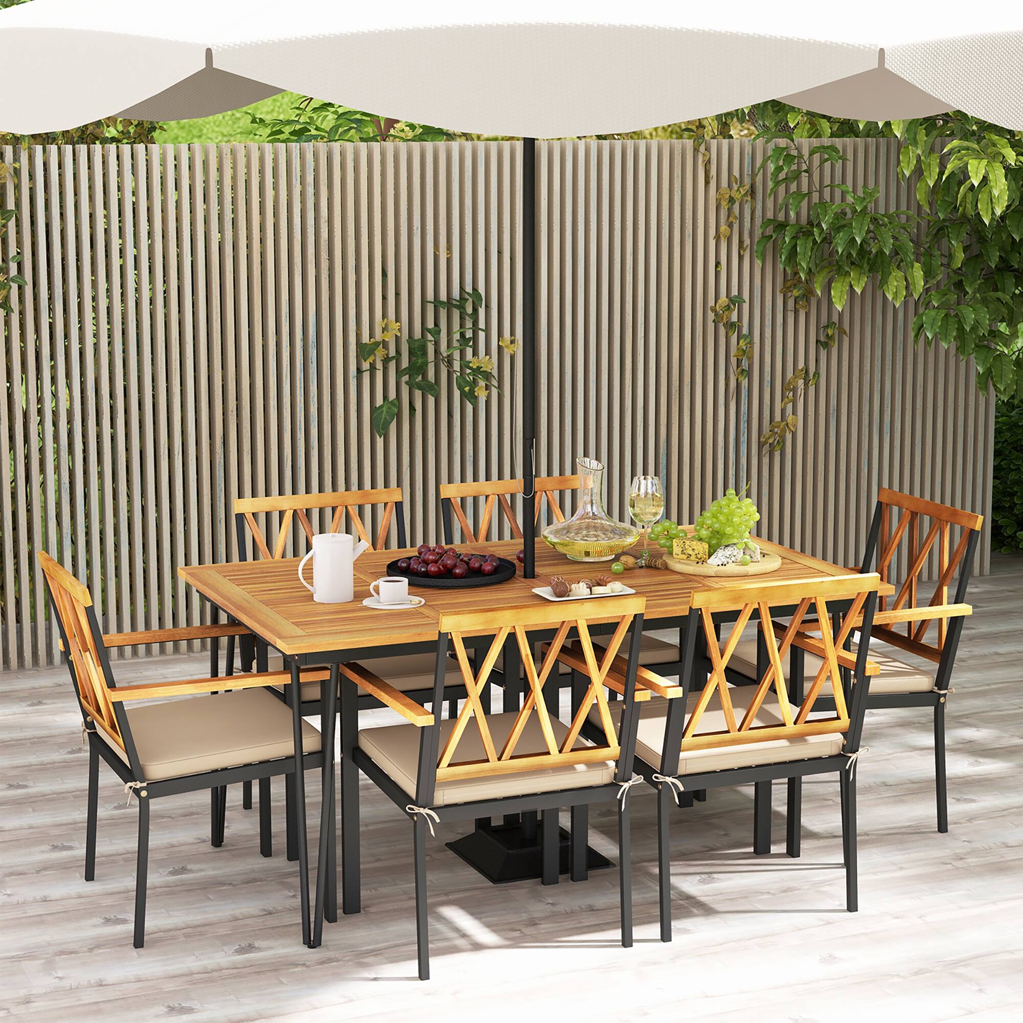 Alt View 3. Gymax - Gymax 7 PCS Patio Dining Set w/ 2'' Umbrella Hole and Seat Cushions for Garden - Natural, Black.