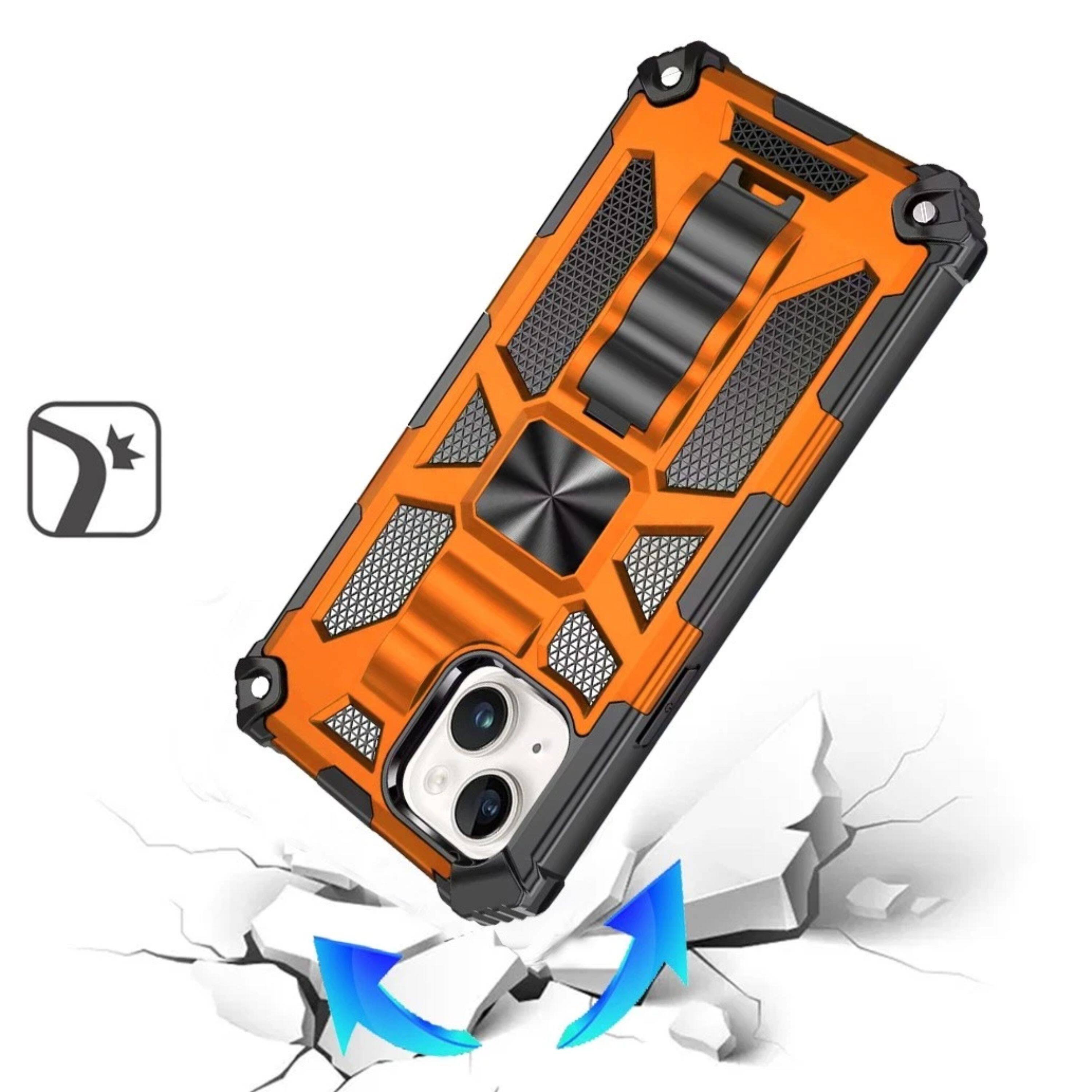 Left. Kitcheniva - Shockproof Modern Stand Metal Plate Phone Case With 2 Pcs Tempered Glass For iPhone 15 Plus - Cosmic Orange.