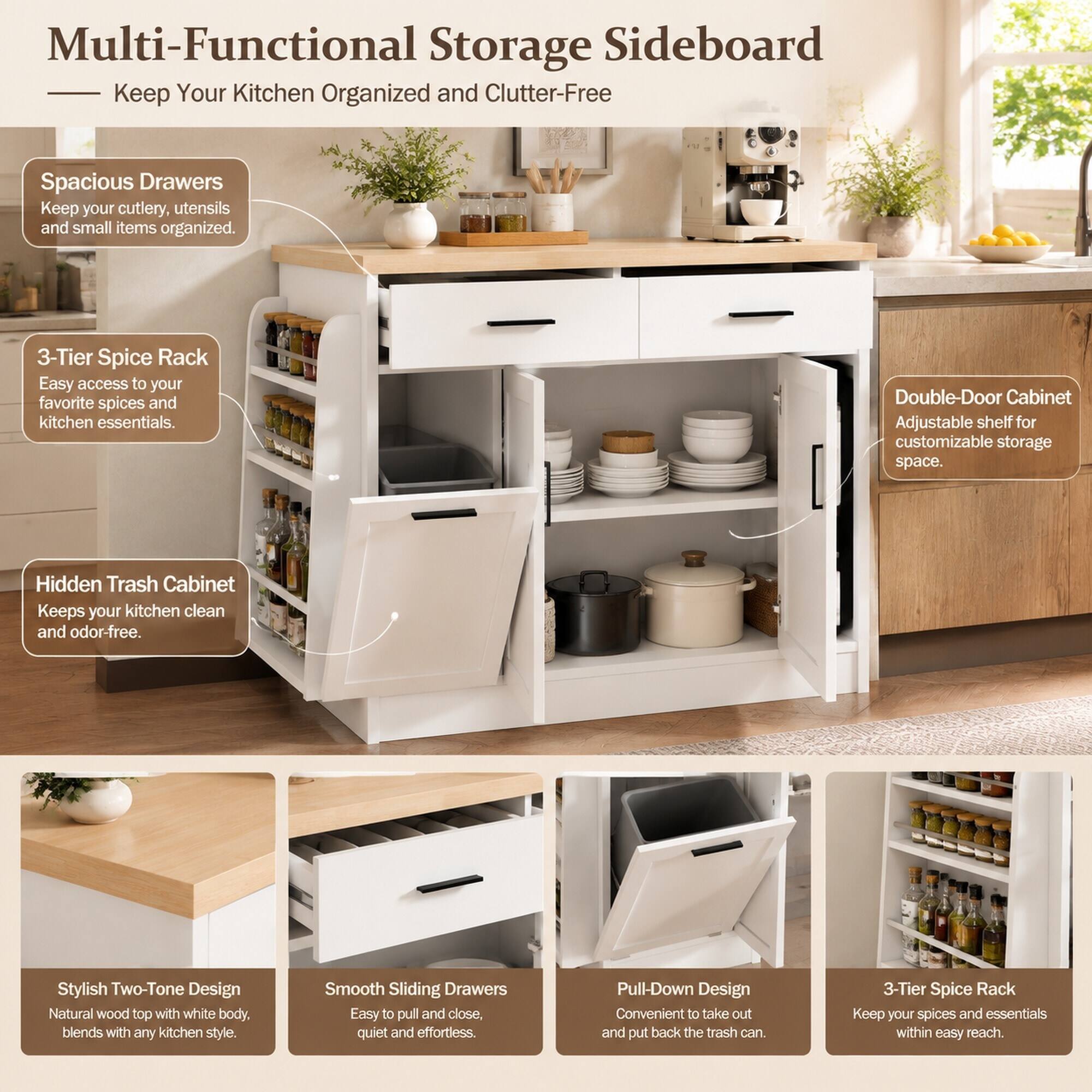 Multi-Functional Storage Sideboard  
Keep Your Kitchen Organized and Clutter-Free

- Spacious Drawers  
  Keep your cutlery, utensils and small items organized.

- 3-Tier Spice Rack  
  Easy access to your favorite spices and kitchen essentials.

- Double-Door Cabinet  
  Adjustable shelf for customizable storage space.

- Hidden Trash Cabinet  
  Keeps your kitchen clean and odor-free.

- Stylish Two-Tone Design  
  Natural wood top with white body, blends with any kitchen style.

- Smooth Sliding Drawers  
  Easy to pull and close, quiet and effortless.

- Pull-Down Design  
  Convenient to take out and put back the trash can.

- 3-Tier Spice Rack  
  Keep your spices and essentials within easy reach.