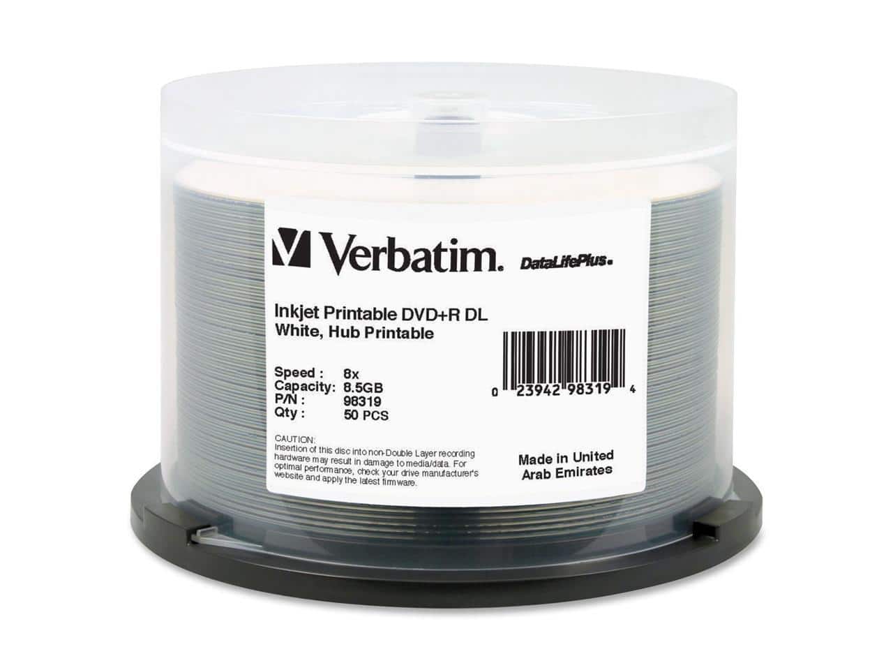 Verbatim  
DataLifePlus  
Inkjet Printable DVD+R DL  
White, Hub Printable  

Speed: 8x  
Capacity: 8.5GB  
P/N: 98319  
Qty: 50 PCS  

CAUTION: Insertion of this disc into non Double Layer recording hardware may result in damage to media/data. For optimal performance, check your drive manufacturer's website and apply the latest firmware.  

Made in United Arab Emirates