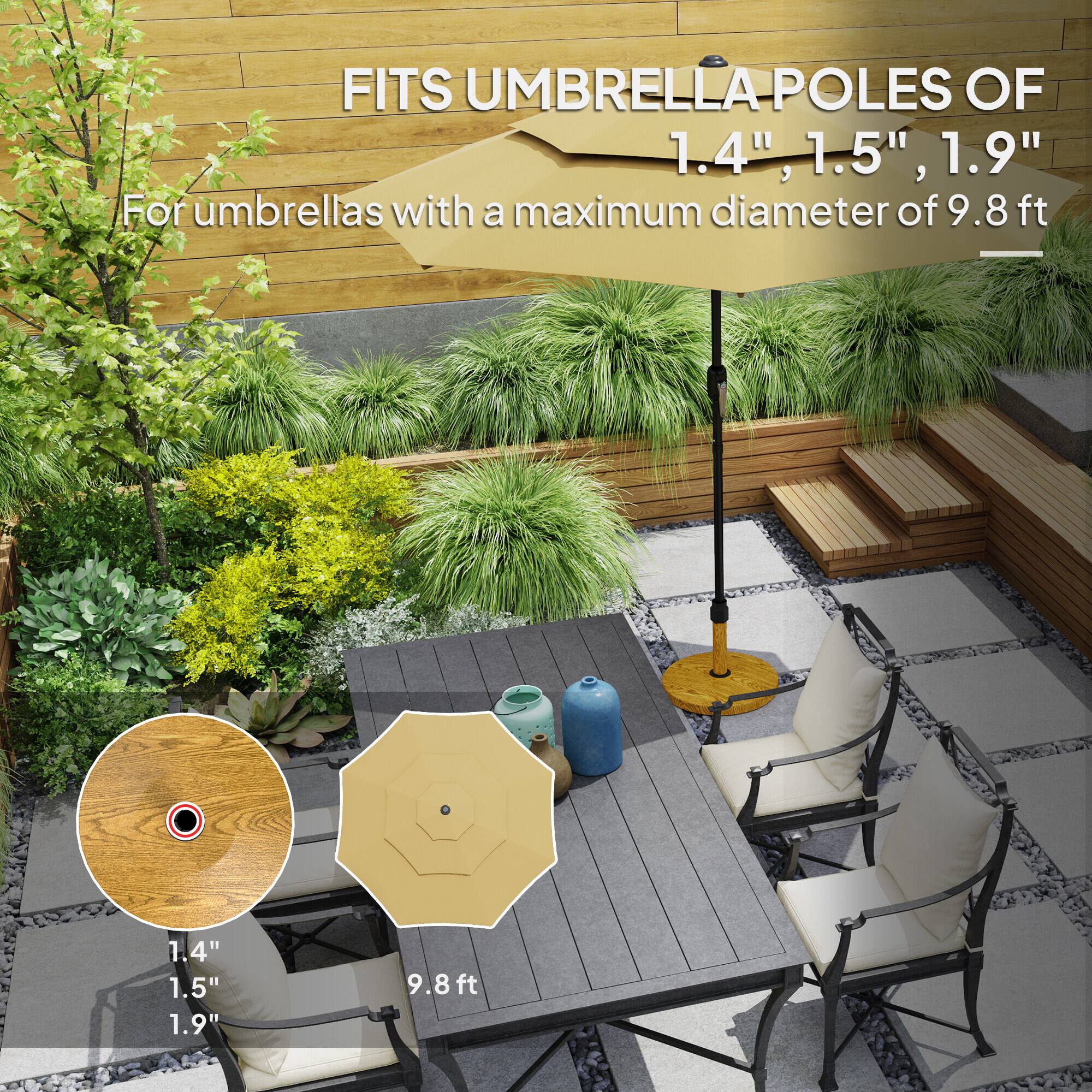 FITS UMBRELLA POLES OF 1.4", 1.5", 1.9" For umbrellas with a maximum diameter of 9.8 ft 1.4" 1.5" 1.9" 9.8ft ft
