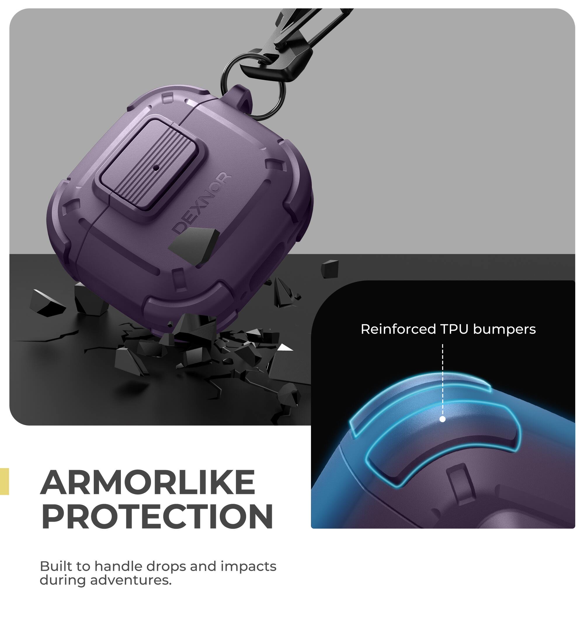 DEXNOR Reinforced TPU bumpers  
ARMORLIKE PROTECTION  
Built to handle drops and impacts during adventures.