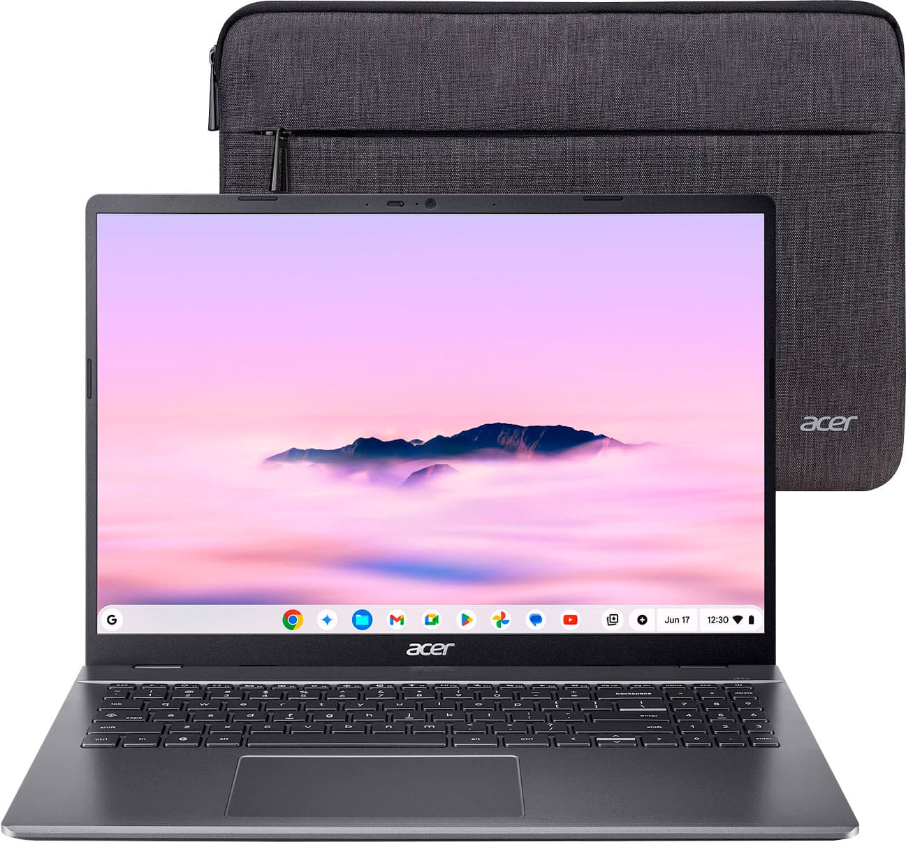 acer laptop computer with a pink background and mountains.