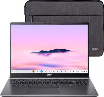acer laptop computer with a pink background and mountains.