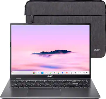 acer laptop computer with a pink background and mountains.