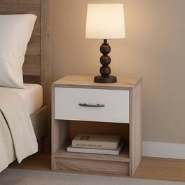 Hivvago - Wooden Bedside Unit with Shelf and Storage Drawer - Natural & White