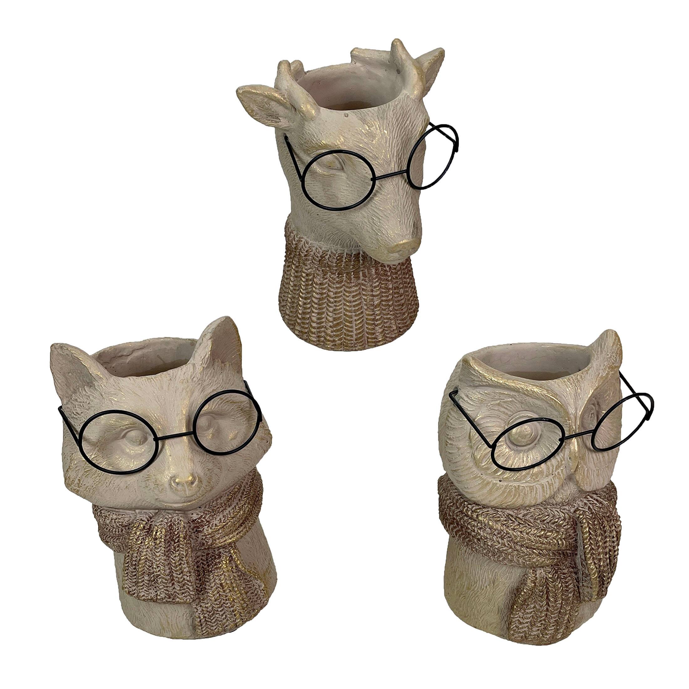 Front. Things2Die4 - Set of 3 Bespectacled Animal Vases Fox Owl Deer Gold Accent Knit Scarves Glasses - Taupe.