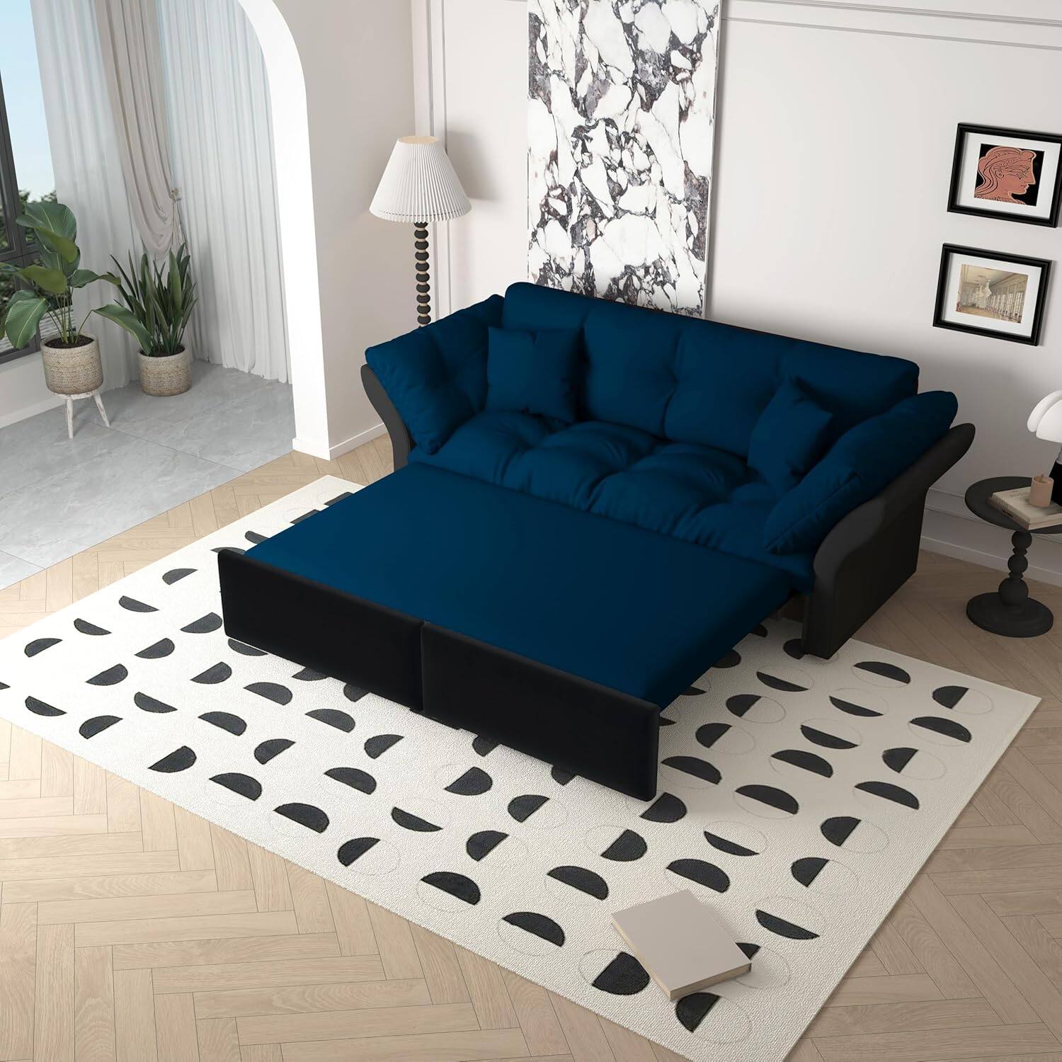 Alt View 2. Trinkets Crazed - 74.8" Queen Pull Out Sofa Bed, 3-in-1 Convertible Sleeper Tufted Sofa with 2 Soft Pillows - blue.