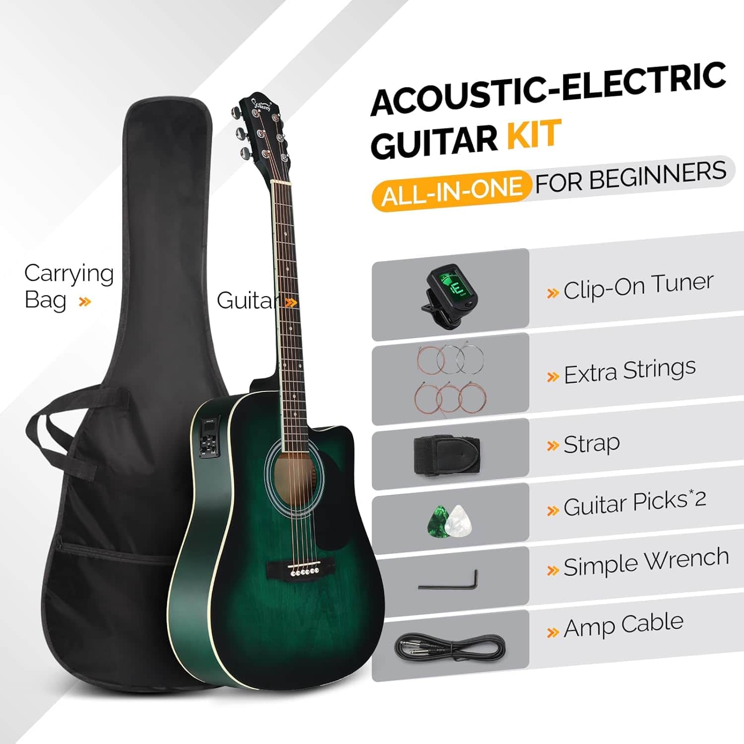 Winado - Full Size 6 Strings Acoustic Electric Guitar Beginner Kit, Cutaway 41 Inch Electric Acoustic Guitar w/Inbuilt Tuner, Bag