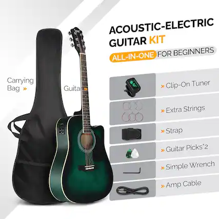 ACOUSTIC-ELECTRIC GUITAR KIT FOR BEGINNERS ALL-IN-ONE
- Carrying Bag
- Guitar
- Clip-On Tuner
- Extra Strings
- Strap
- Guitar Picks*2
- Simple Wrench
- Amp Cable