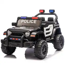 BreeBe - 12V Kids Electric Police Car with Parental Remote, Dual Drive, Suspension, Music, Bluetooth, USB, Headlights, Ages 2-4 - Black