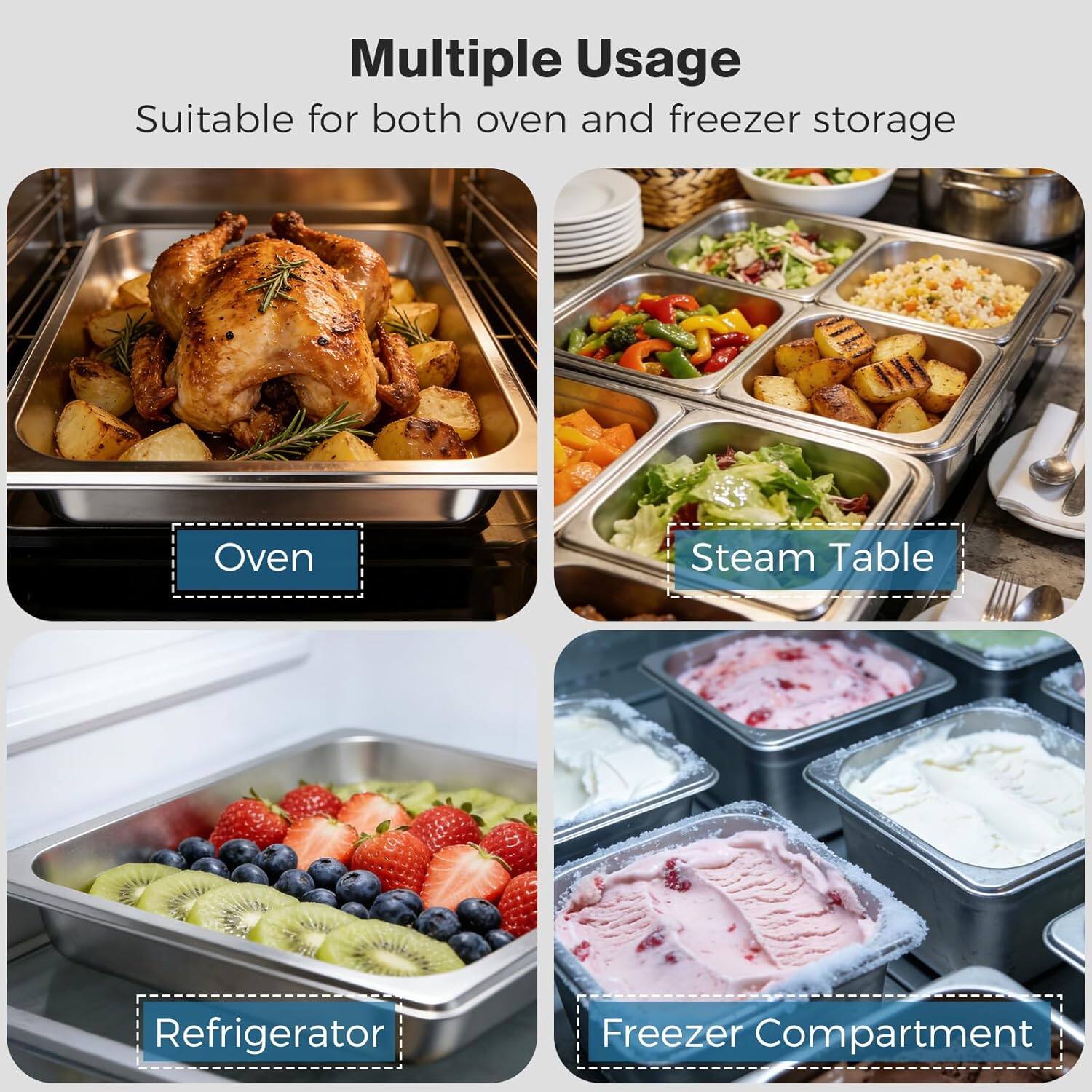 Multiple Usage  
Suitable for both oven and freezer storage  

- Oven  
- Steam Table  
- Refrigerator  
- Freezer Compartment