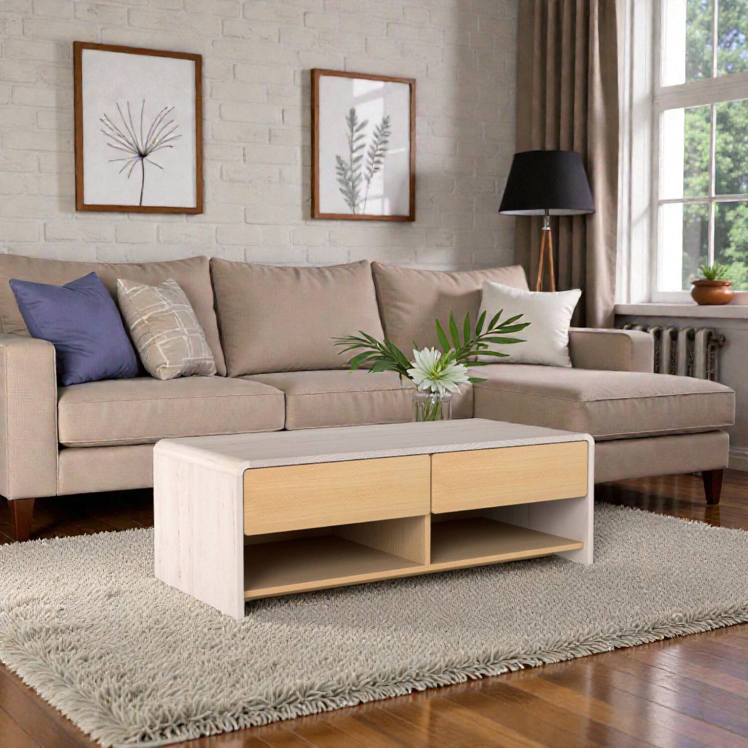 Front. Hivvago - Stylish Coffee Table with Ample Storage: 2 Drawers and 2 Shelves - Natural & White.