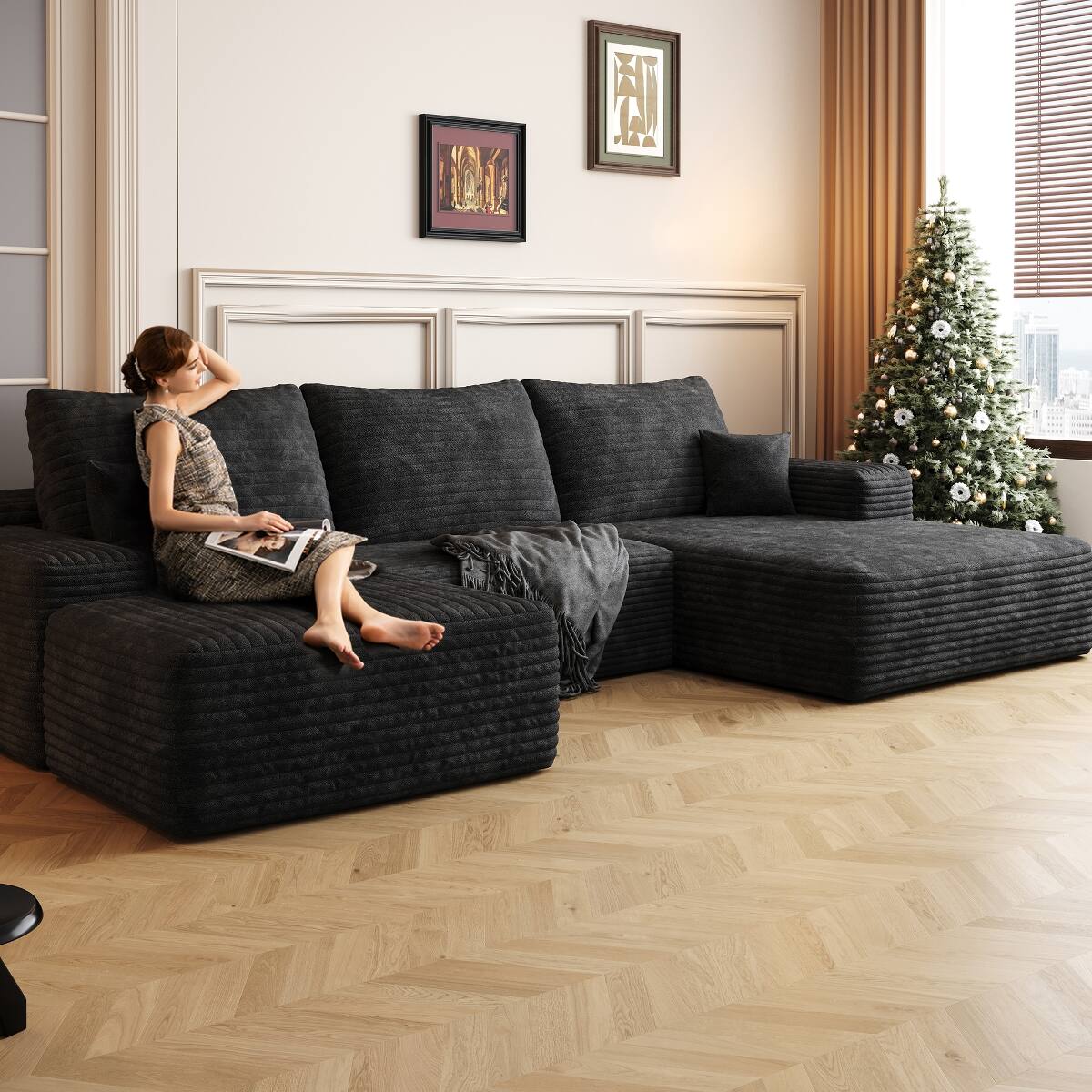 Back. Ropilly - Ropilly U Shaped Sectional Sofa with Ottoman, Black Plush Corduroy, Deep Seat Corner Couch, No Assembly - Black.