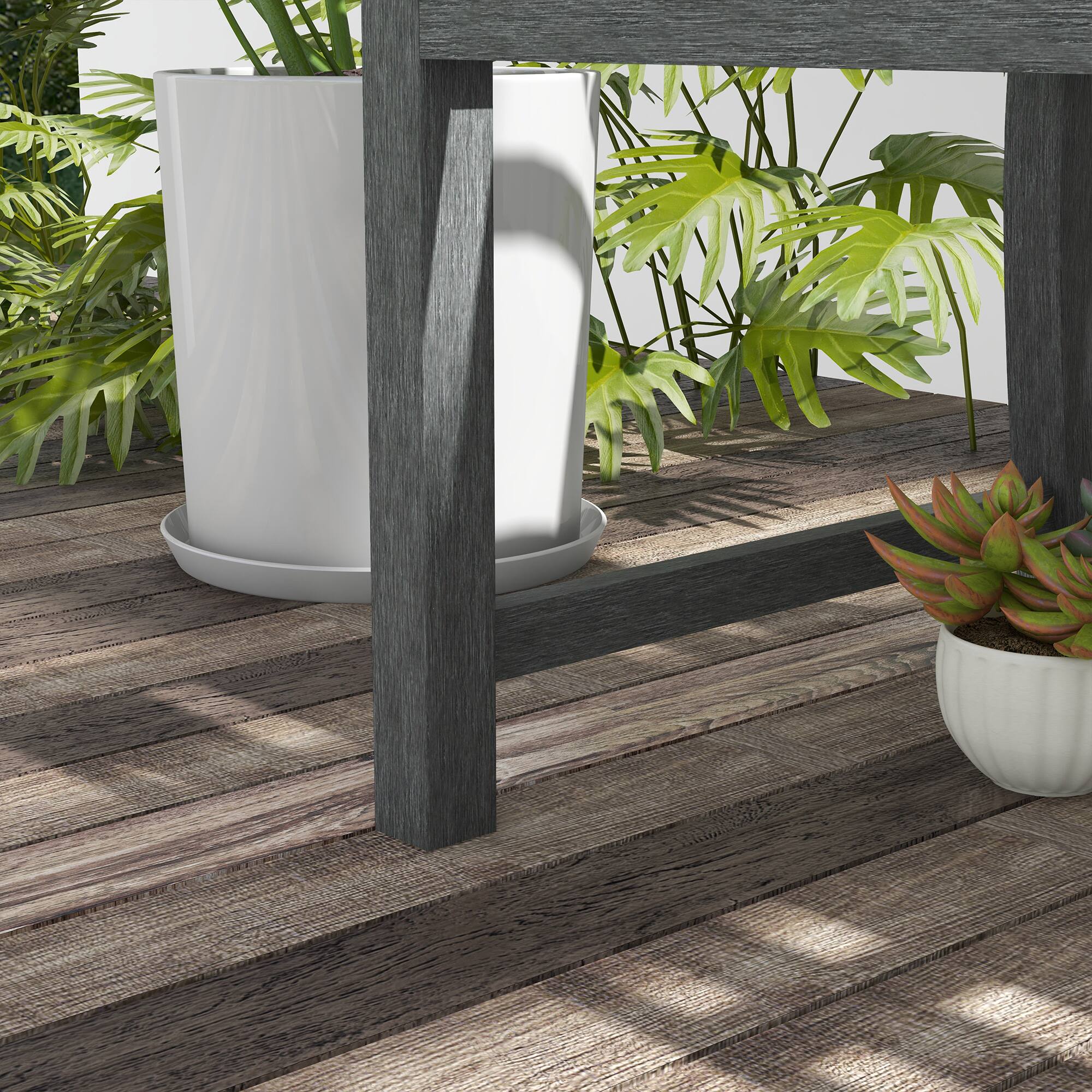 Alt View 8. Outsunny - 46" Outdoor Garden Bench, Metal Bench, Wood Look Slatted Frame Furniture for Patio, Park, Porch, Lawn, Yard, Deck - Gray.