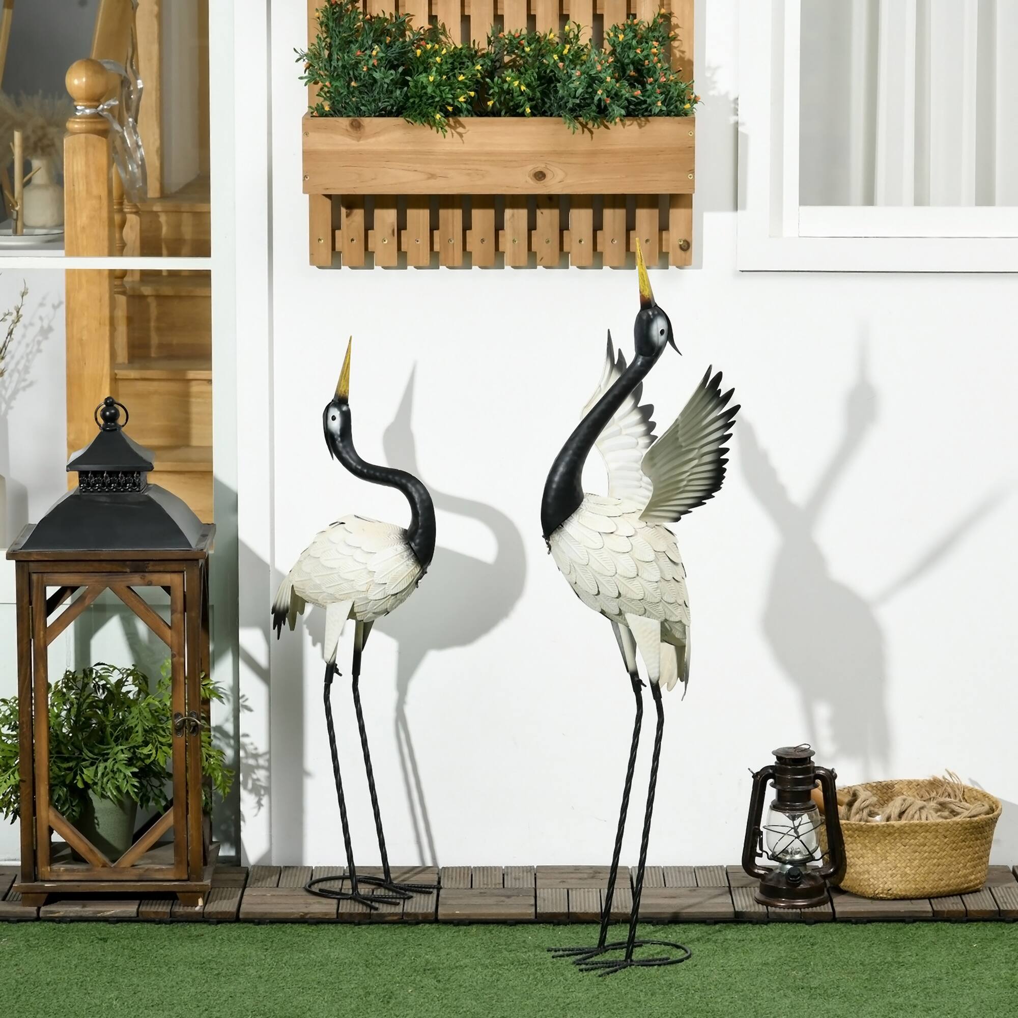 Alt View 1. Outsunny - Heron Garden Statues, 35.5" & 40.5" Standing Bird Sculptures, Metal Yard Art Decor for Lawn, Patio, Backyard - White, Black.